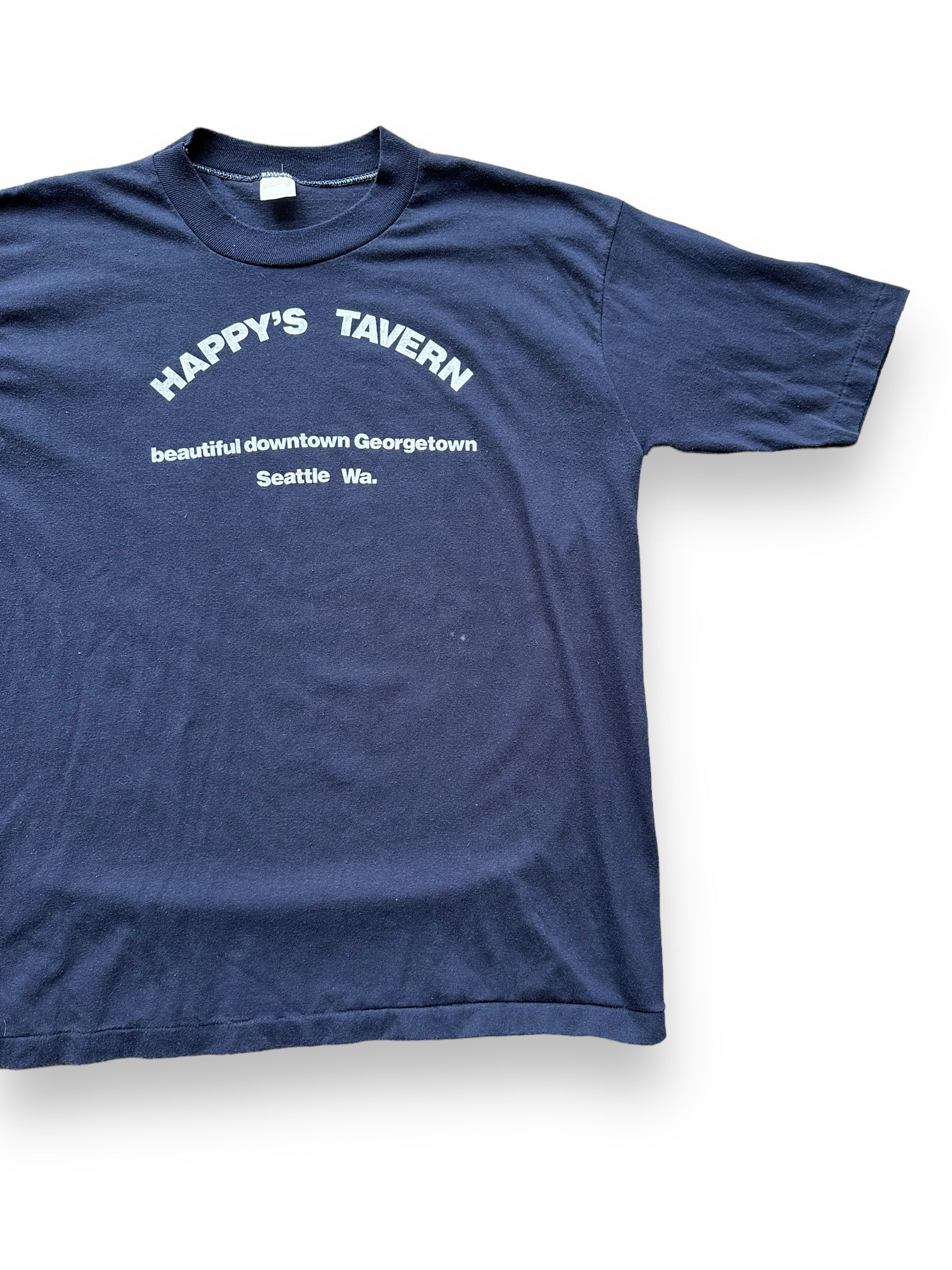 Front Left View of Vintage Happys Tavern Georgetown Tee SZ XL | Vintage Single Stitch T-Shirts Seattle | Barn Owl Vintage Tees Seattle