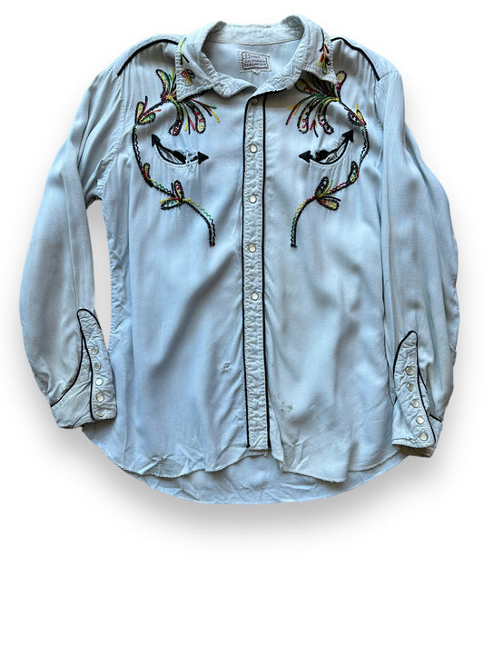 Front of Vintage Distressed H-Bar-C Gabardine Western Shirt SZ L | Vintage Chainstitch Gabardine Seattle | Barn Owl Vintage Seattle