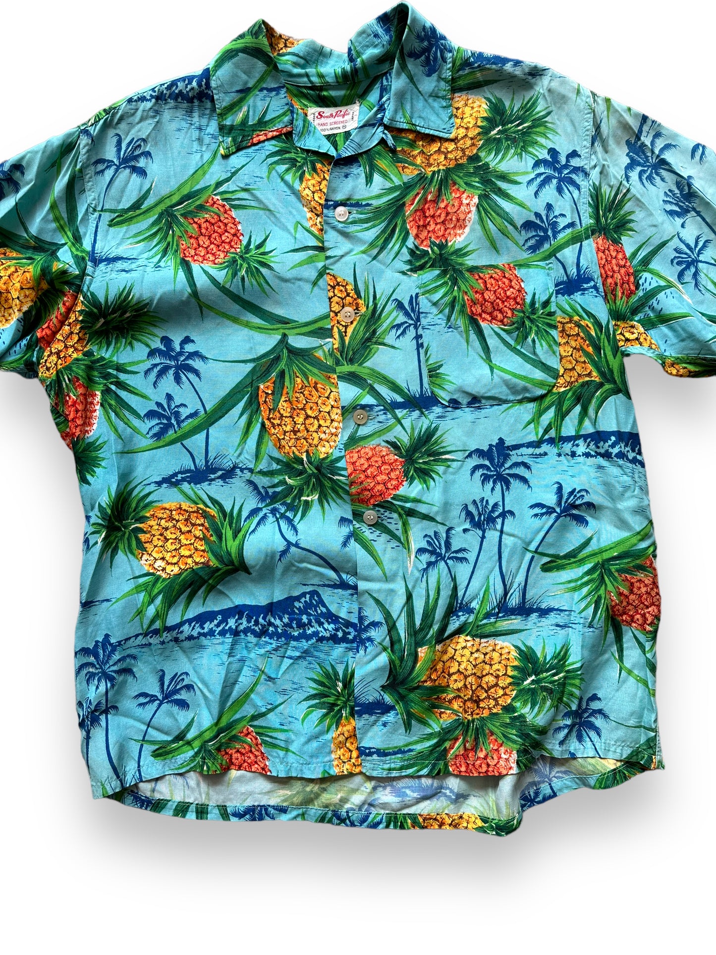Front Detail on Vintage South Pacific Blue Pineapple Aloha Shirt SZ M | Seattle Vintage Rayon Hawaiian Shirt | Barn Owl Vintage Clothing Seattle