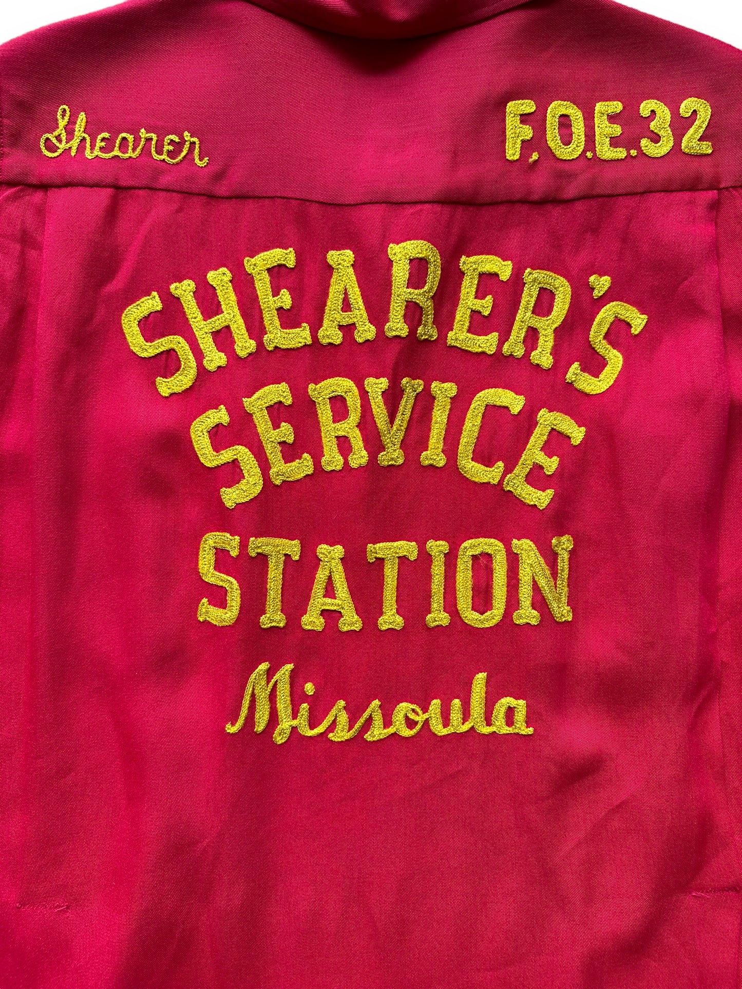 Back logo of Vintage "Shearer's Service Station" Chainstitched Bowling Shirt SZ M | Vintage Bowling Shirt Seattle | Barn Owl Vintage Seattle