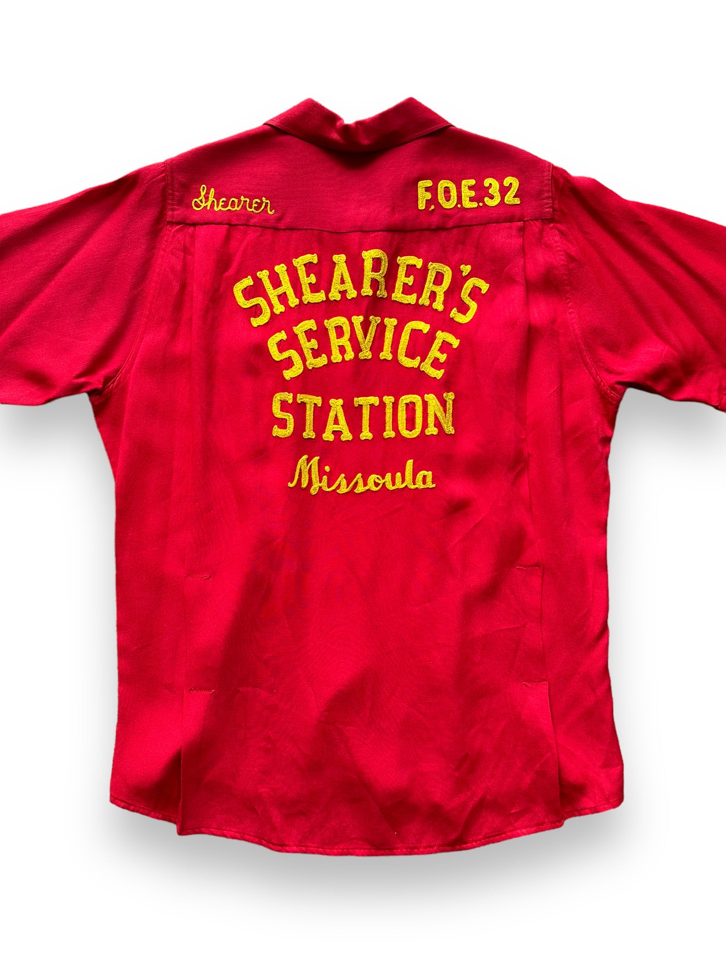 Back close up of Vintage "Shearer's Service Station" Chainstitched Bowling Shirt SZ M | Vintage Bowling Shirt Seattle | Barn Owl Vintage Seattle