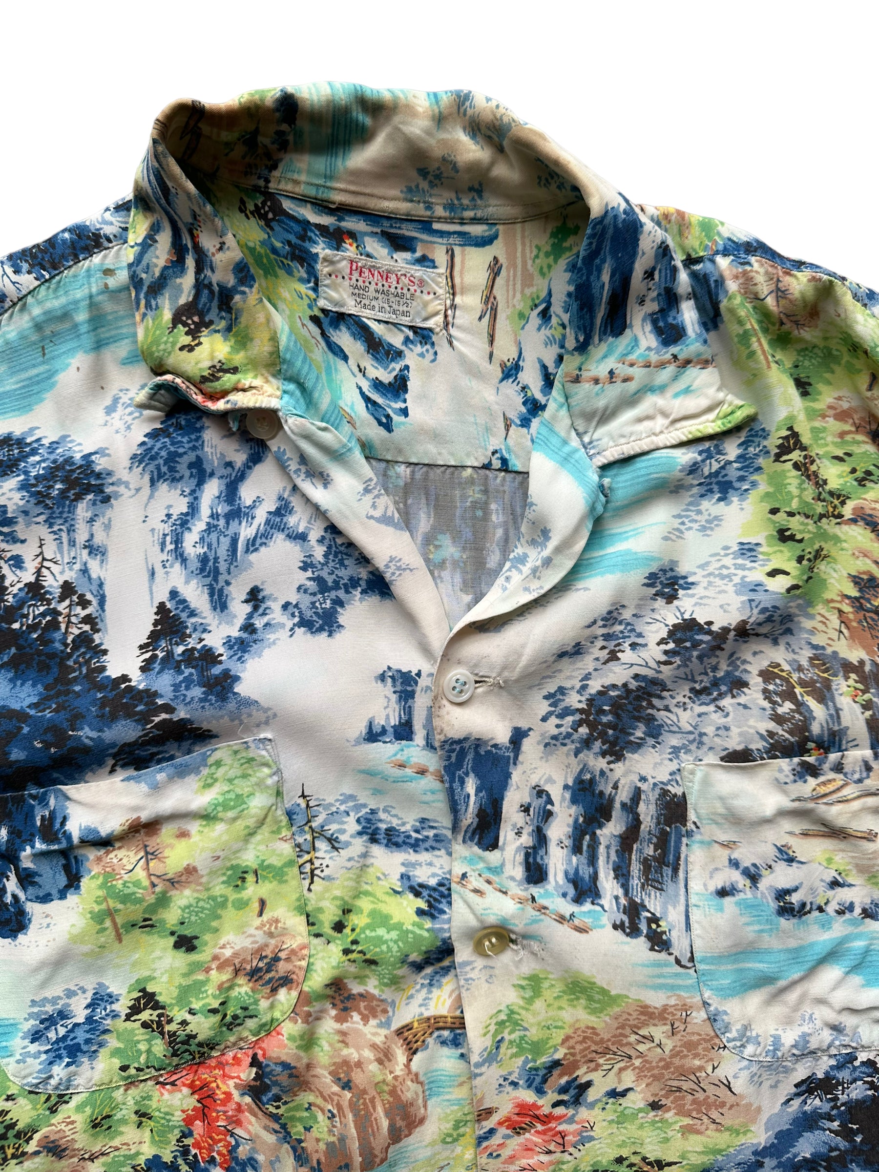 Collar close up of Vintage Made in Japan Penney's Navy/Blue/Green Landscape Aloha Shirt SZ M | Seattle Vintage Rayon Hawaiian Shirt | Barn Owl Vintage Clothing Seattle