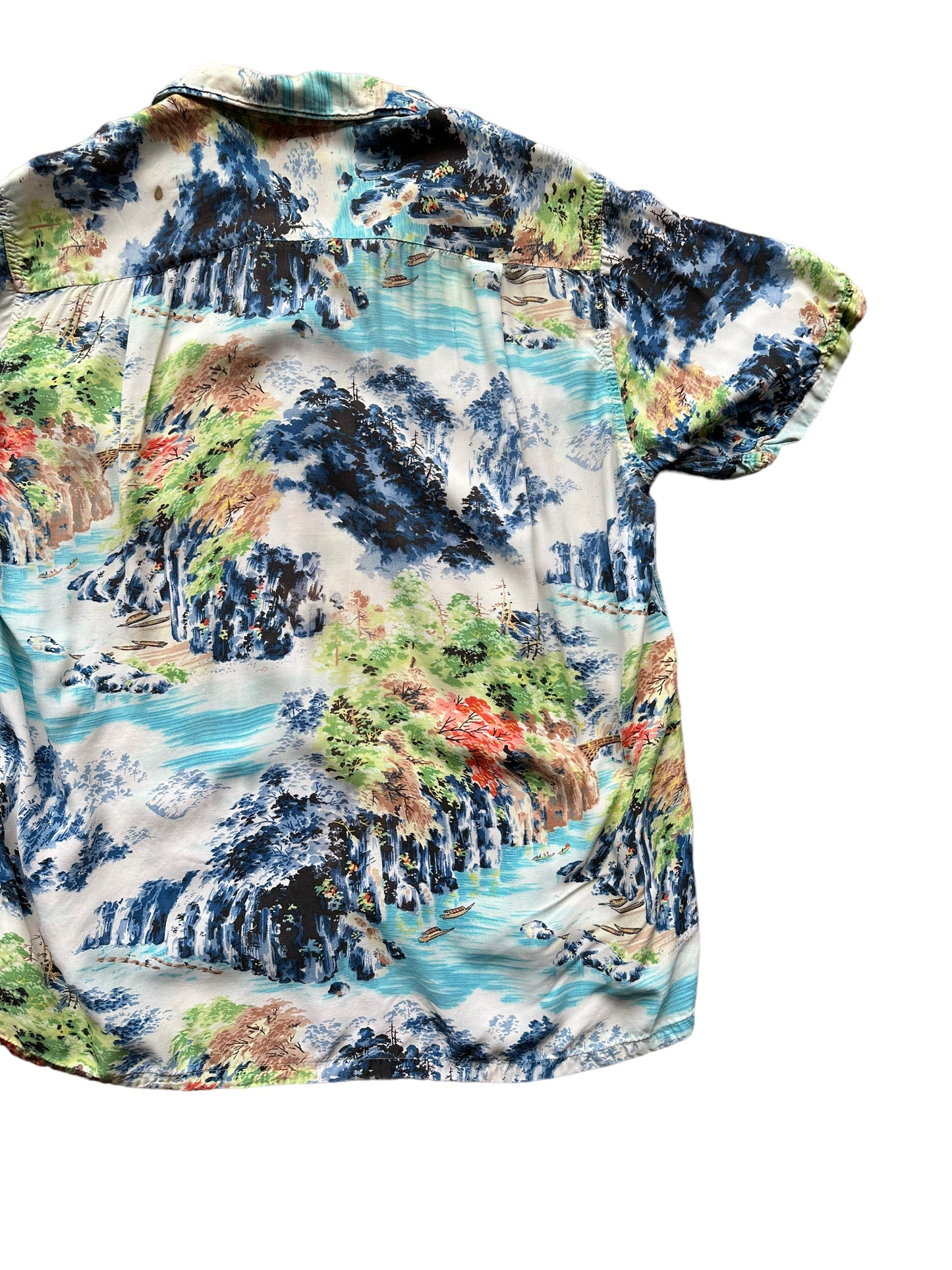 Back right shot of Vintage Made in Japan Penney's Navy/Blue/Green Landscape Aloha Shirt SZ M | Seattle Vintage Rayon Hawaiian Shirt | Barn Owl Vintage Clothing Seattle