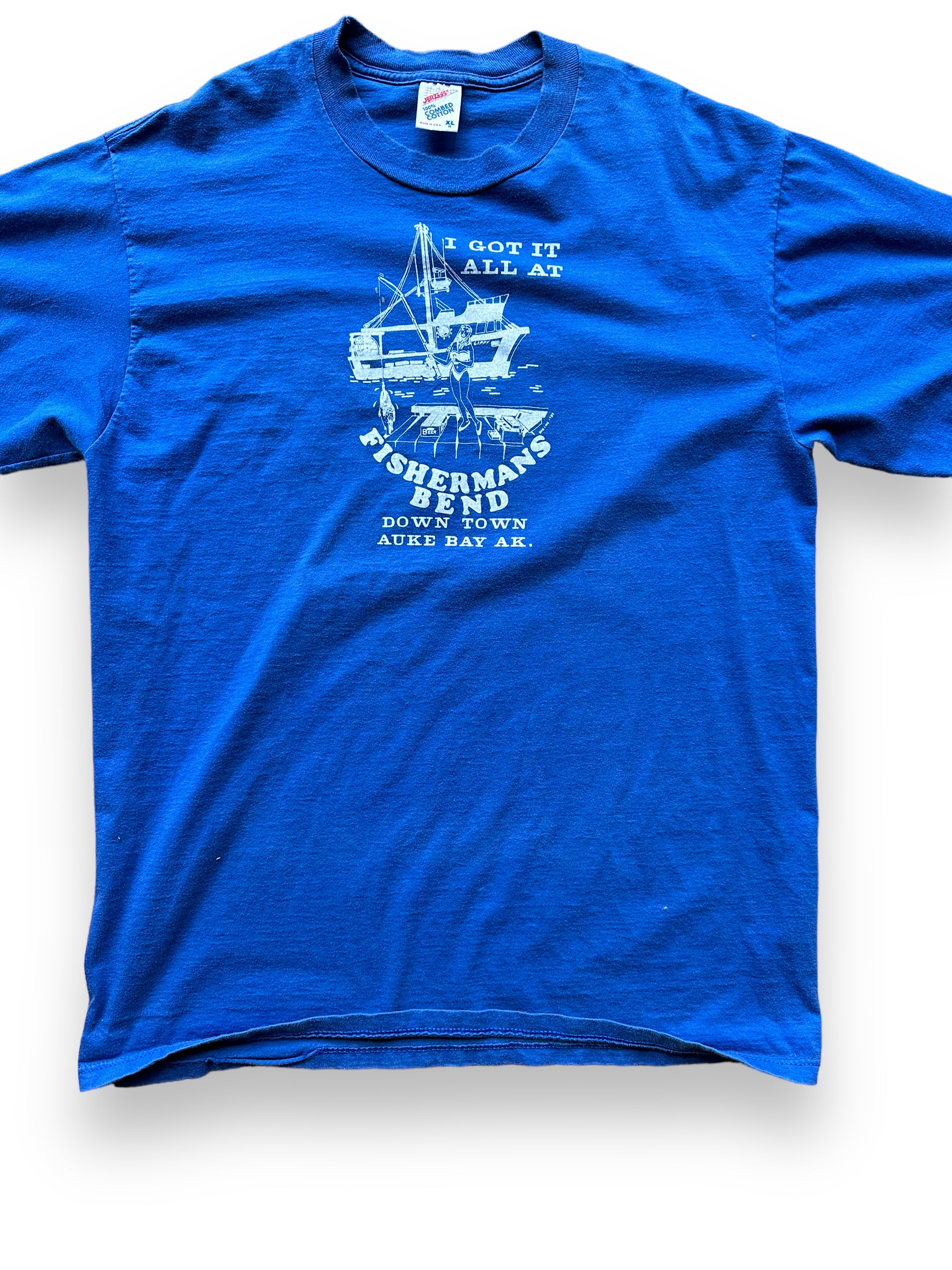 Front close up of Vintage Fishermens Bend Alaska Tee SZ XL | Vintage Alaska T-Shirts Seattle | Barn Owl Vintage Tees Seattle