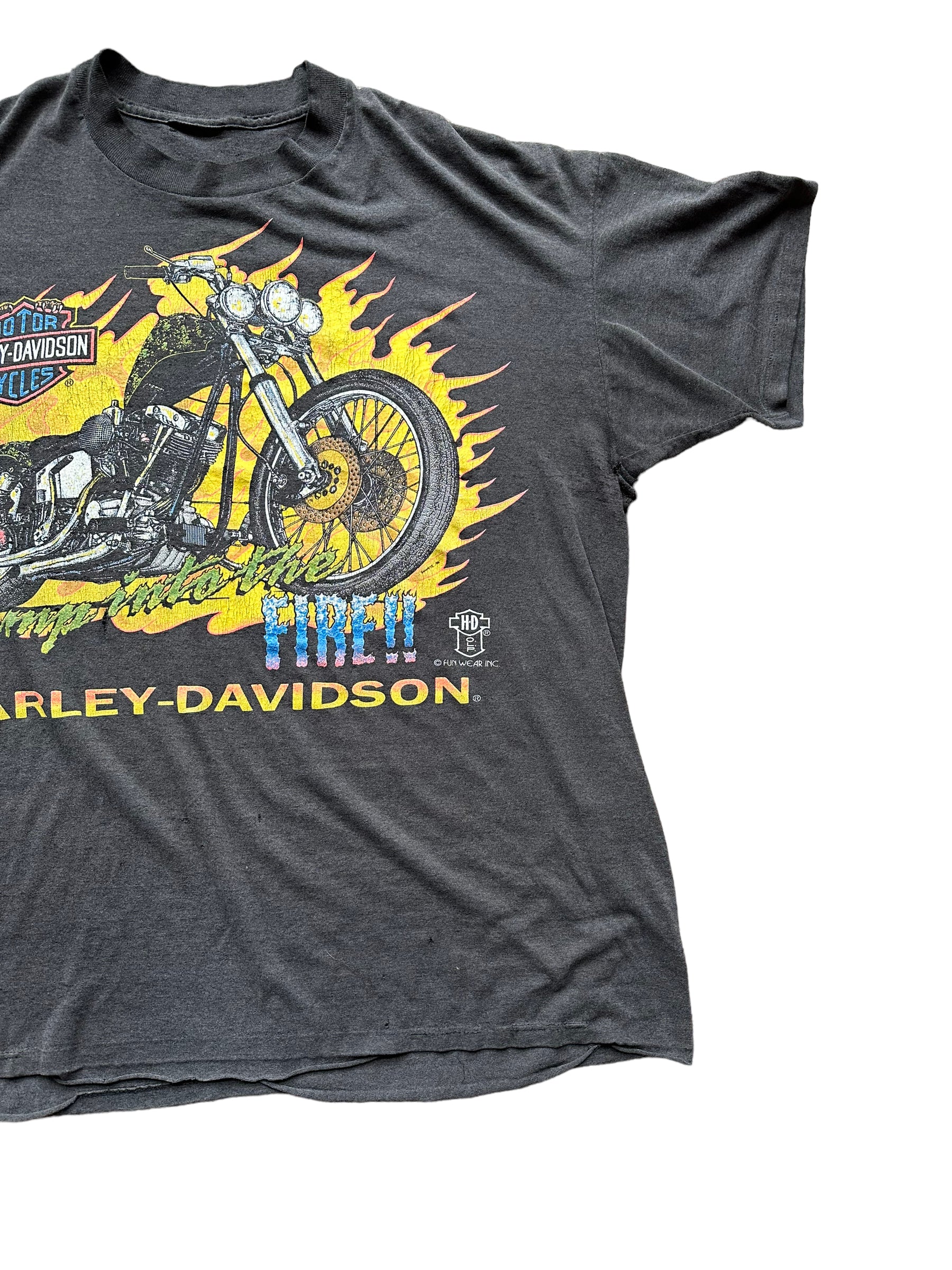 Front left of Vintage 1990s "Jump into the Fire" 3D Emblem Harley Davidson Tee SZ XXL | Vintage Harley Tee | Barn Owl Vintage Seattle