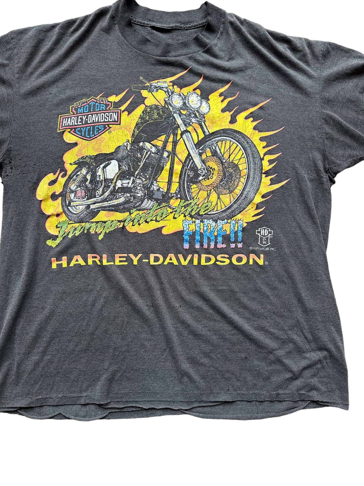 Close up of Vintage 1990s "Jump into the Fire" 3D Emblem Harley Davidson Tee SZ XXL | Vintage Harley Tee | Barn Owl Vintage Seattle