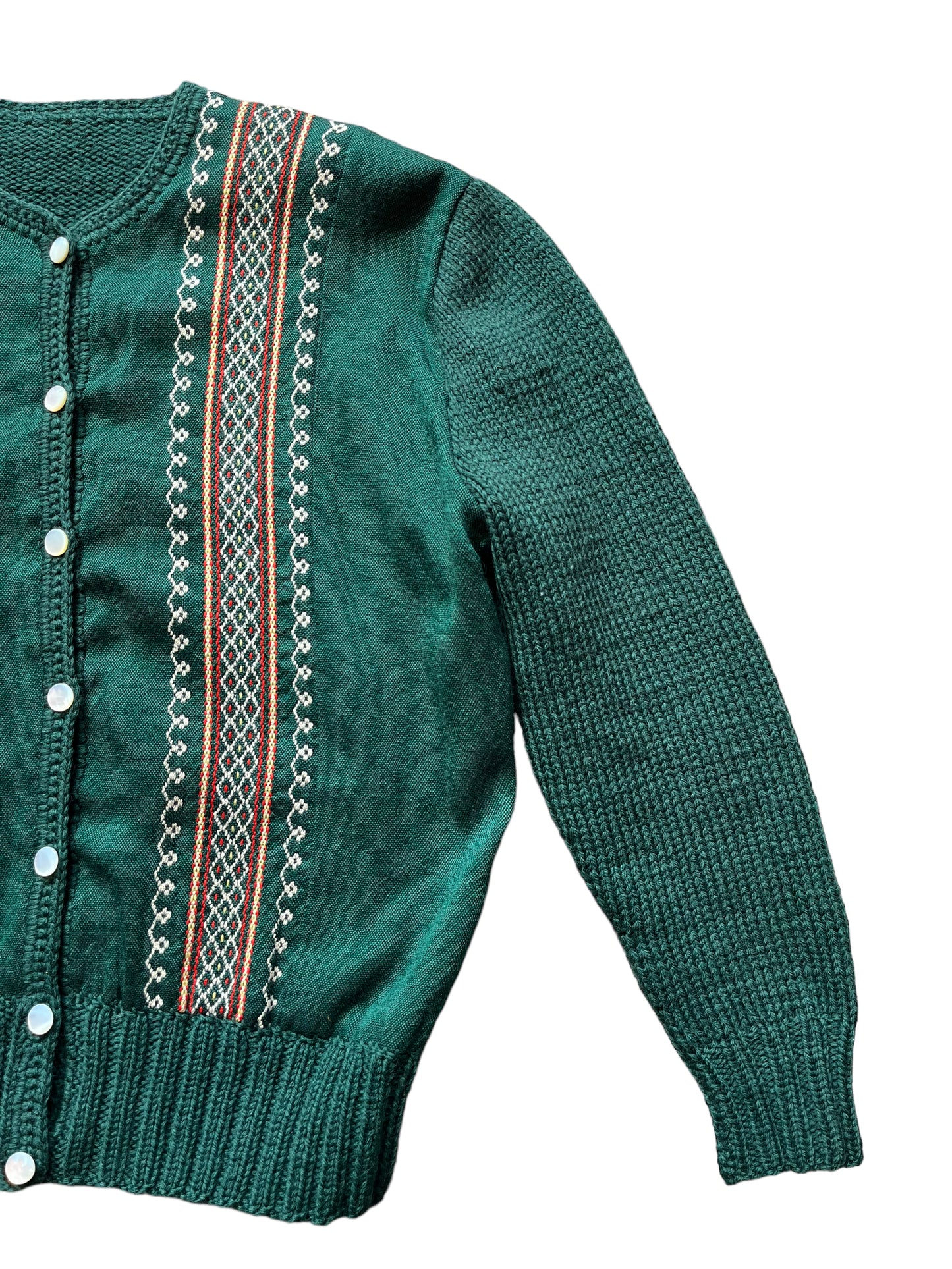Front left side view of Vintage 1940s Green Wool Embroidered Cardigan 