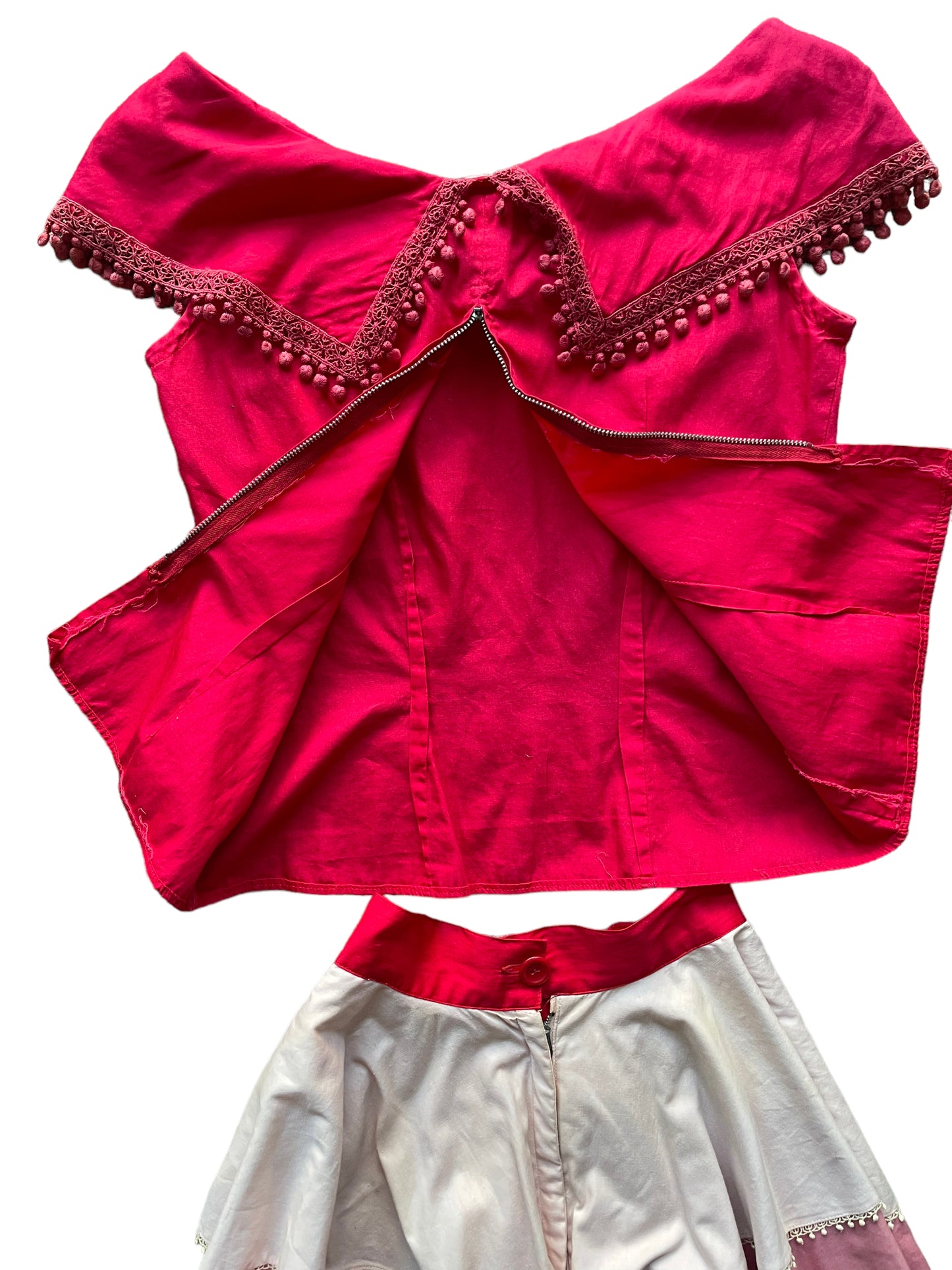 Back top open zipper view of Vintage 1950s Ed Kolber Tiered Skirt And Top Set SZ XXS | Seattle True Vintage Dresses | Barn Owl Vintage