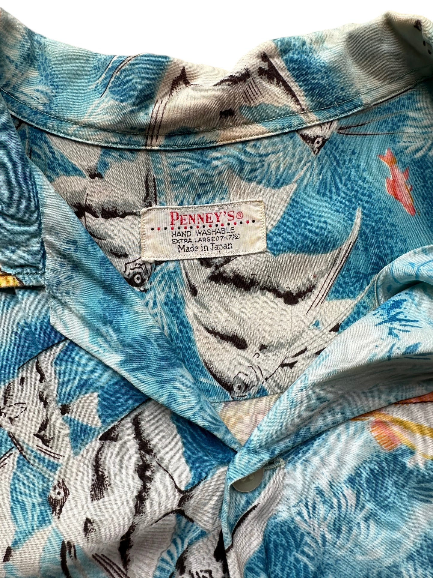 Tag shot of Vintage Penny's Blue Tropical Fish Aloha Shirt SZ XL | Seattle Vintage Rayon Hawaiian Shirt | Barn Owl Vintage Clothing Seattle