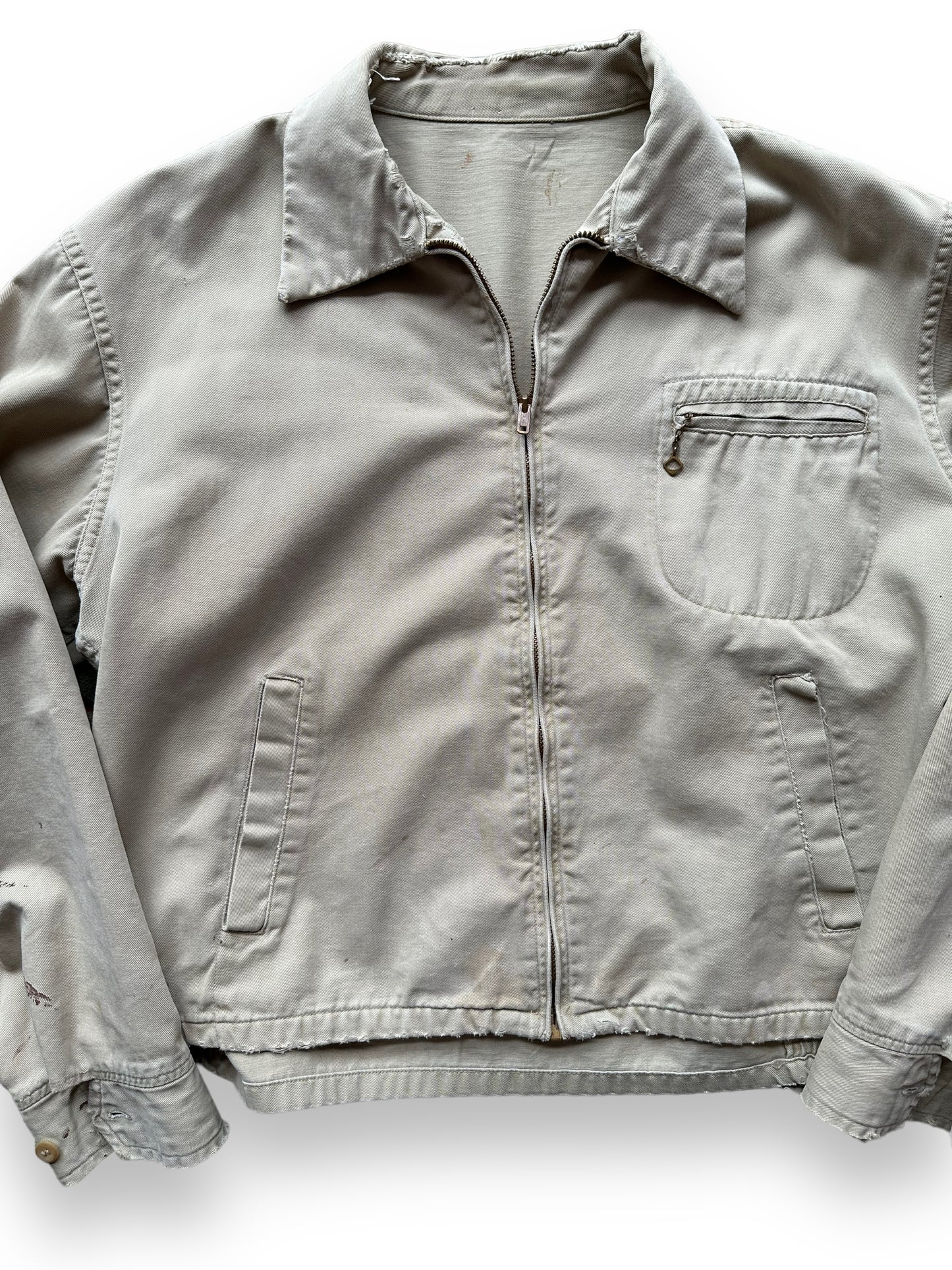 Front Detail on Vintage Cropped Workwear Khaki Jacket SZ L | Vintage European Workwear Seattle | Barn Owl Vintage Goods Seattle