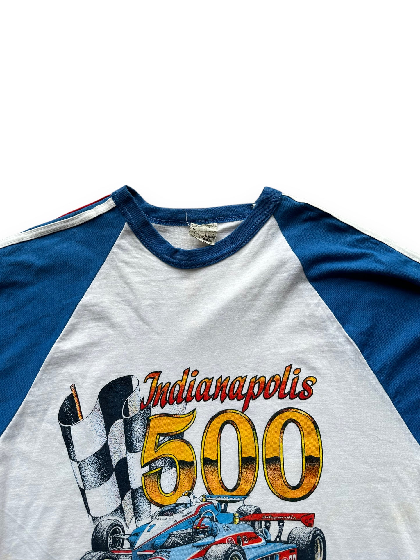 Collar of Vintage 1983 Indianapolis 500 Raglan Tee SZ M |  Vintage Auto Tee Seattle | Barn Owl Vintage