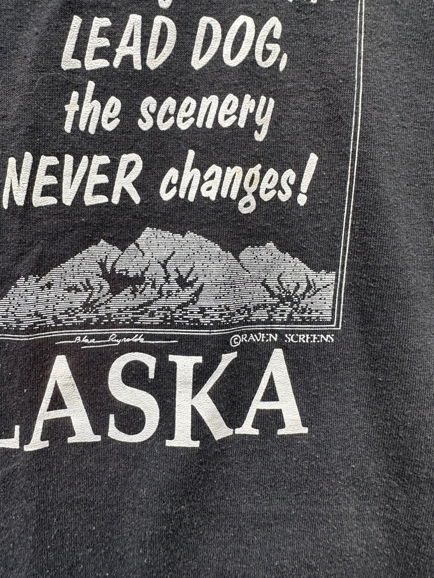 2nd close up Vintage Unless You're the Lead Dog Alaska Tee SZ XL | Vintage Alaska T-Shirts Seattle | Barn Owl Vintage Tees Seattle