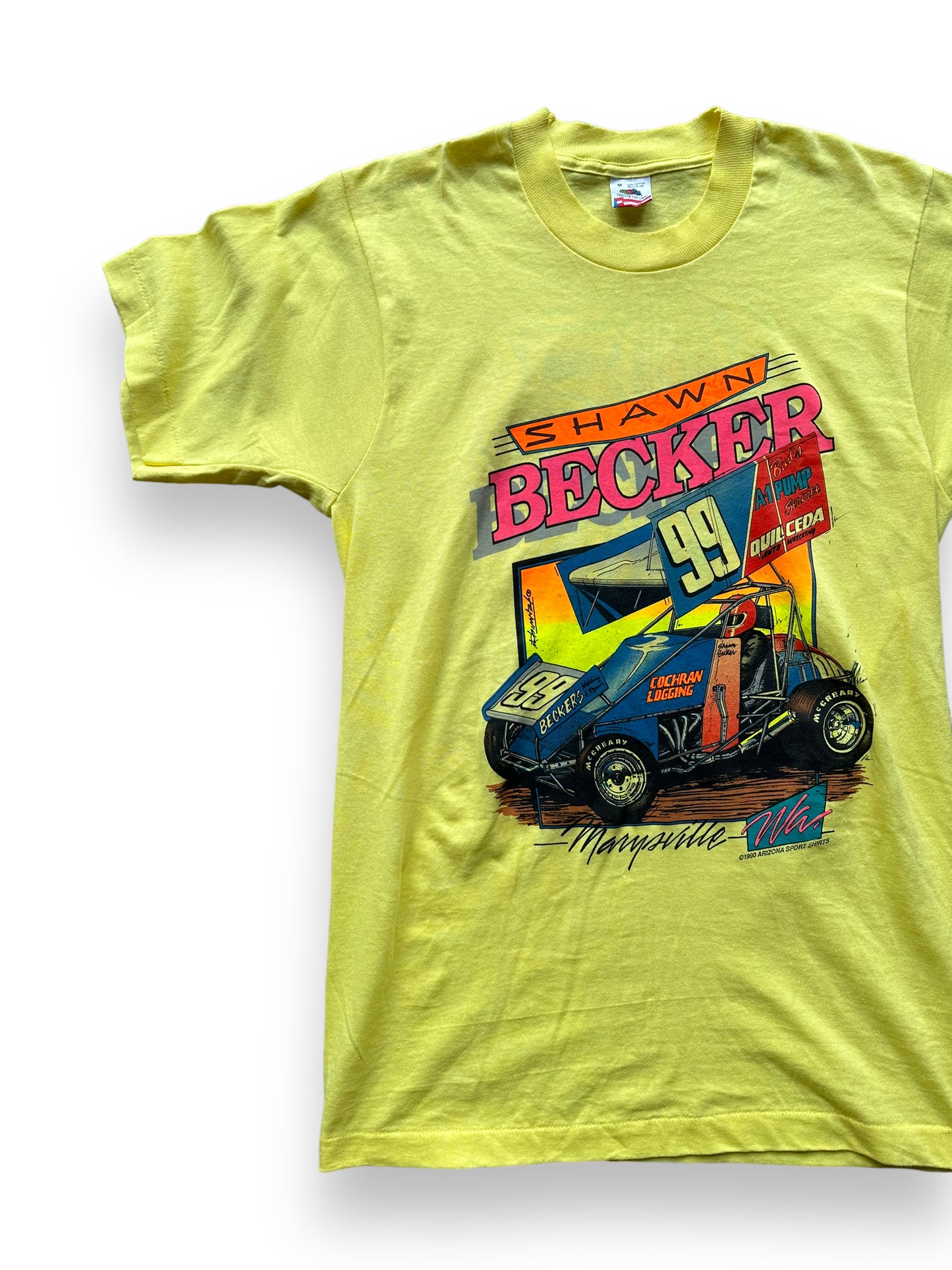 Front right of Vintage Shawn Becker #99 Racing Tee SZ M |  Vintage Auto Tee Seattle | Barn Owl Vintage