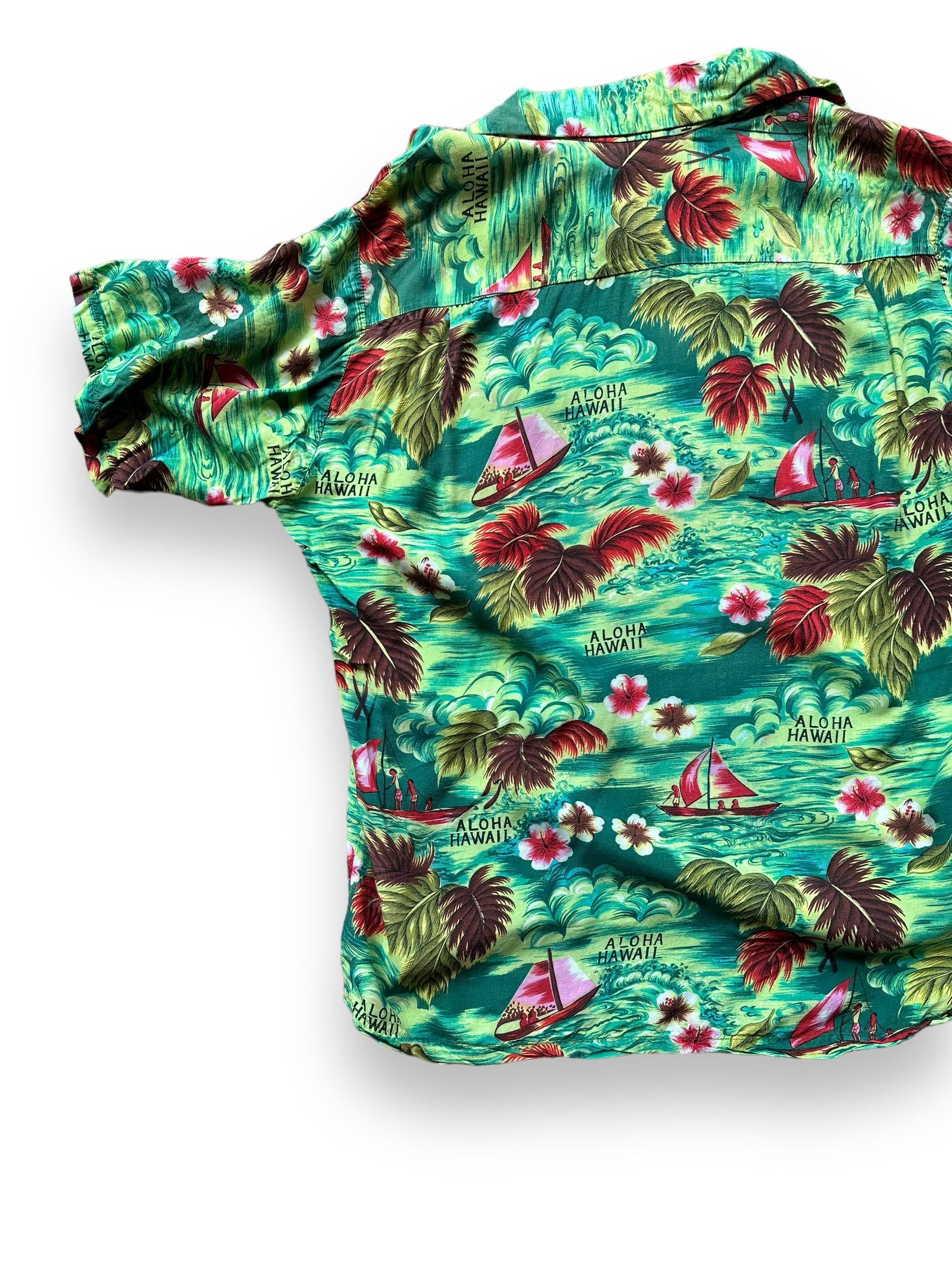 Rear Left View of Vintage Island Fashions Green Rayon Aloha Shirt SZ M | Seattle Vintage Rayon Hawaiian Shirt | Barn Owl Vintage Clothing Seattle