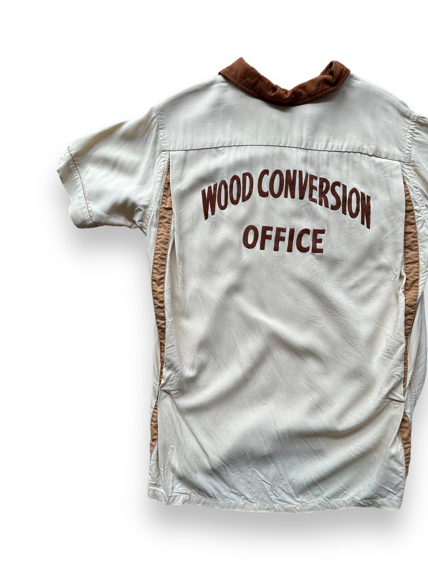 Back left of Vintage "Wood Conversion Office" Bowling Shirt SZ M | Vintage Bowling Shirt Seattle | Barn Owl Vintage Seattle