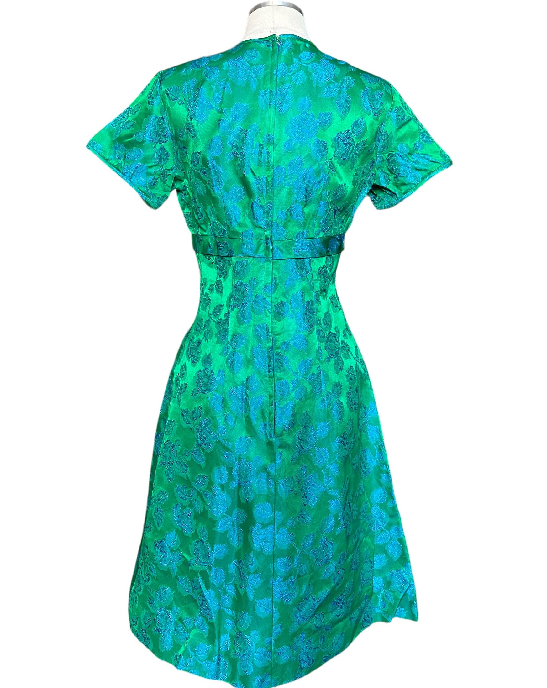 Rear full view of Vintage 1950s Blue/Green Brocade Dress |  Barn Owl Vintage Seattle | True Vintage Dresses