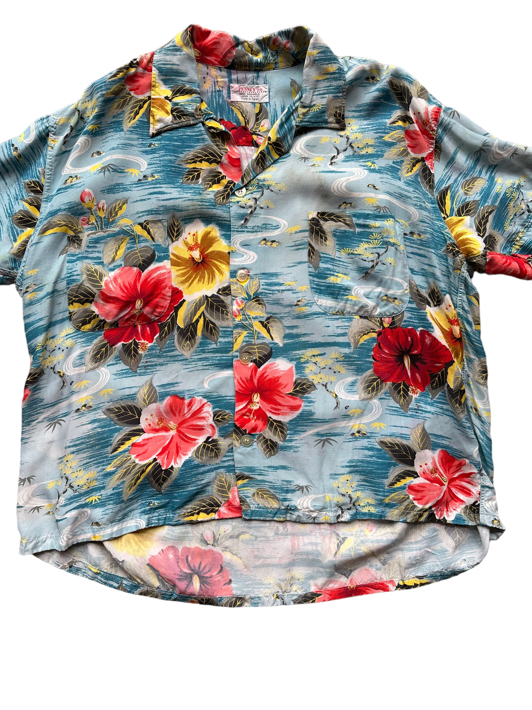 Front close up of Vintage Made in Japan Penney's Blue/Pink/Yellow Floral Aloha Shirt SZ L | Seattle Vintage Rayon Hawaiian Shirt | Barn Owl Vintage Clothing Seattle