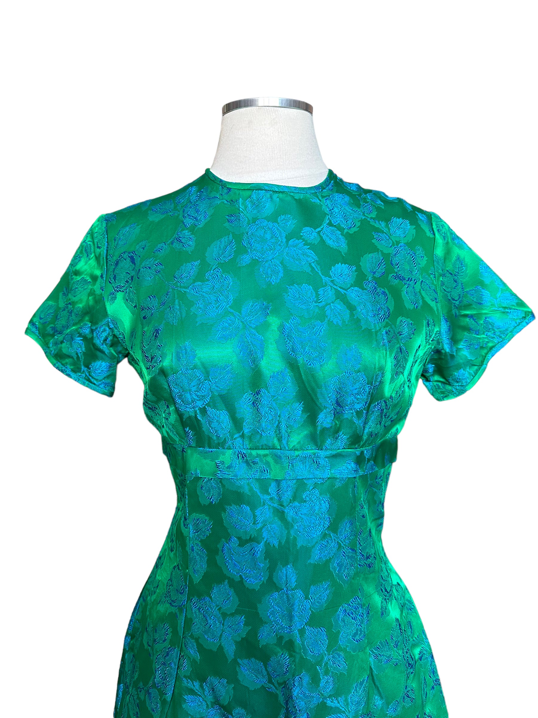 Top bust view of Vintage 1950s Blue/Green Brocade Dress |  Barn Owl Vintage Seattle | True Vintage Dresses