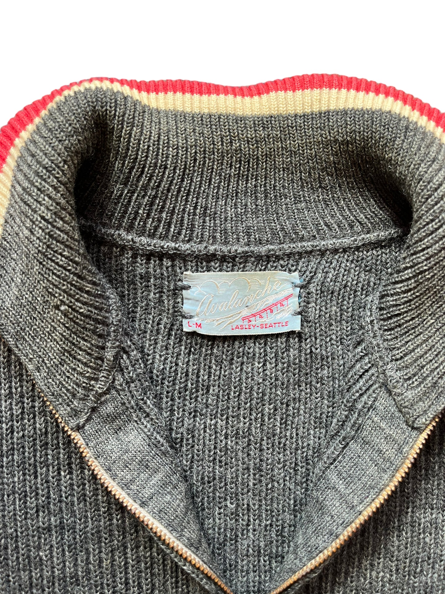 Tag and open collar view of Vintage 1950s Lasley-Seattle Avalanche Zip-up Sweater