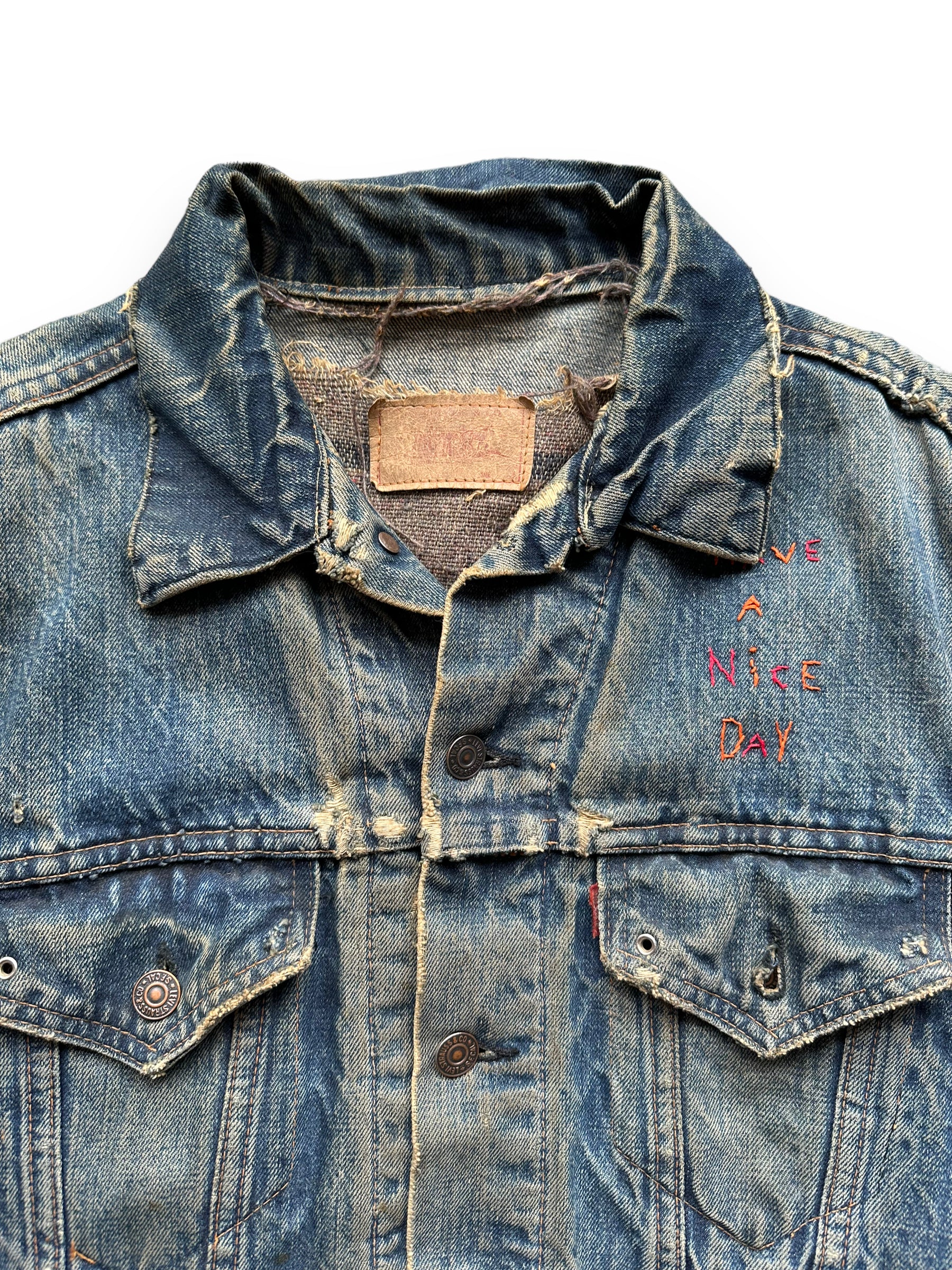 Collar of Levi's Big E Type III Blanket Lined Trucker w/ Butterfly Embroidery SZ 42 | Vintage Denim Workwear Seattle | Seattle Vintage Denim