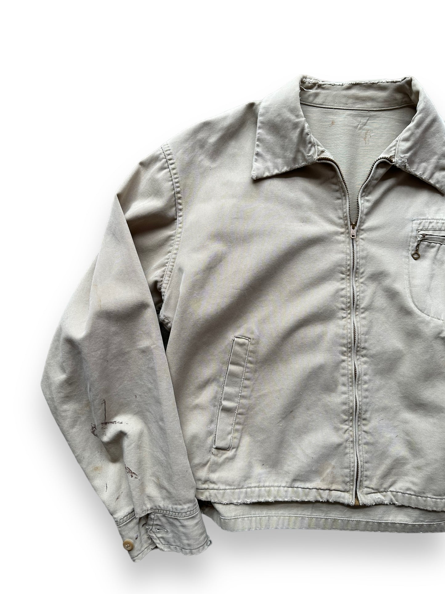 Front Right View of Vintage Cropped Workwear Khaki Jacket SZ L | Vintage European Workwear Seattle | Barn Owl Vintage Goods Seattle
