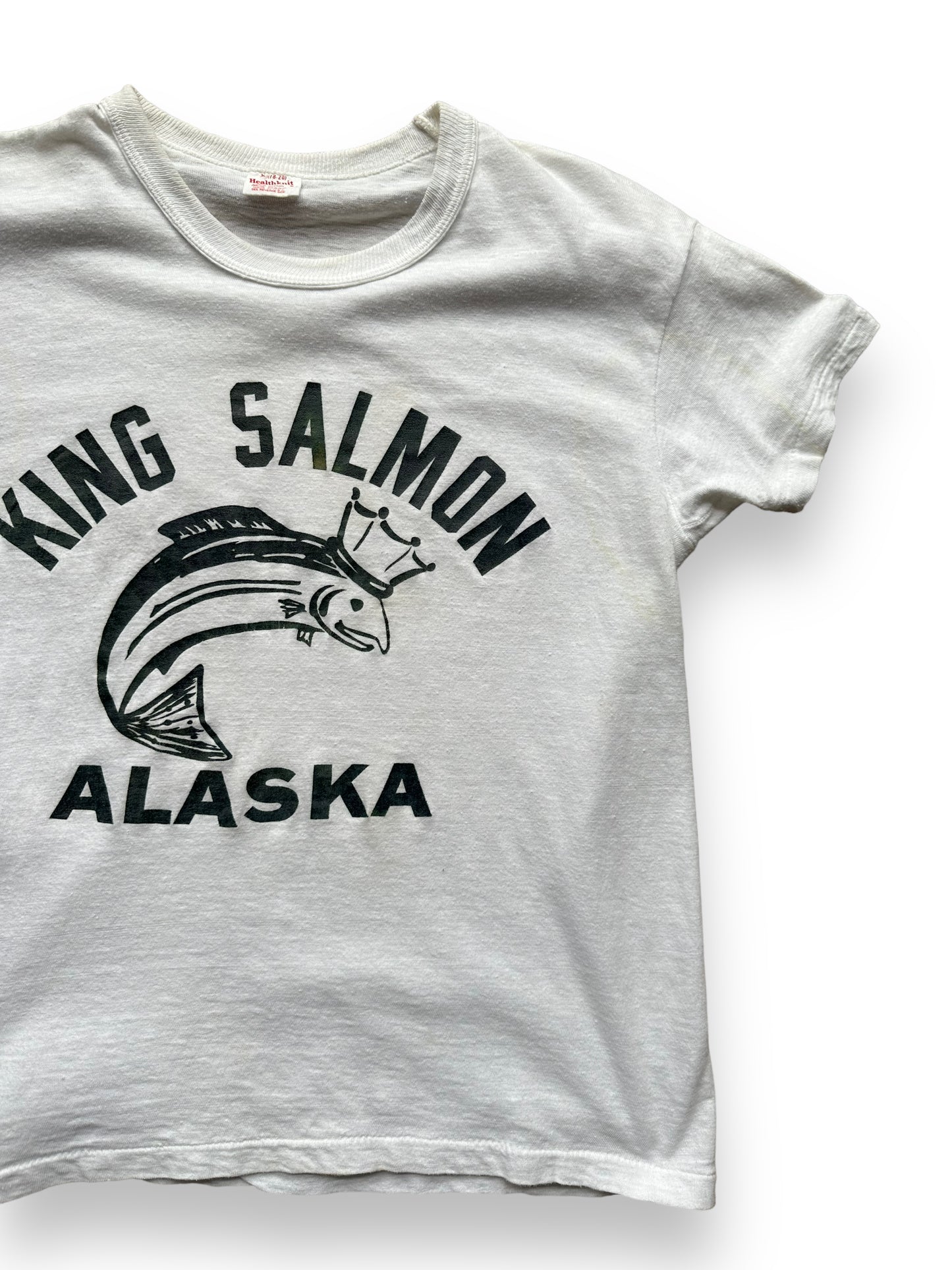 Front Left View of Vintage Healthknit King Salmon Alaska Tee SZ S | Vintage T-Shirts Seattle | Barn Owl Vintage Tees Seattle