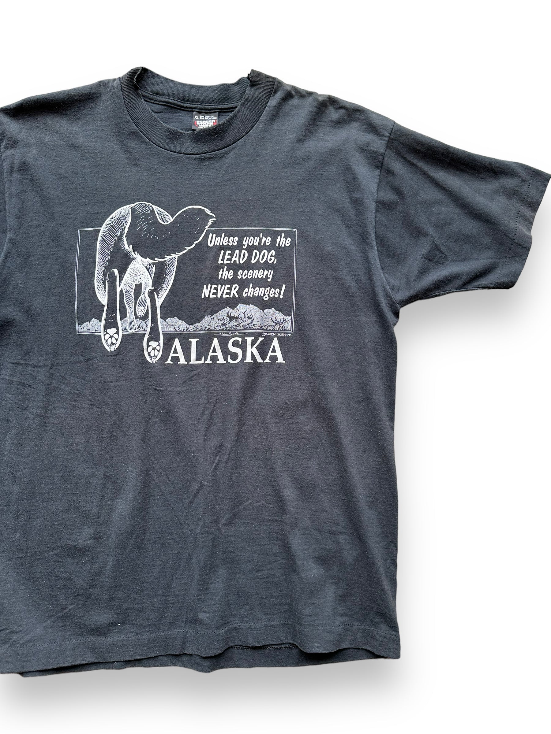 Front left of Vintage Unless You're the Lead Dog Alaska Tee SZ XL | Vintage Alaska T-Shirts Seattle | Barn Owl Vintage Tees Seattle