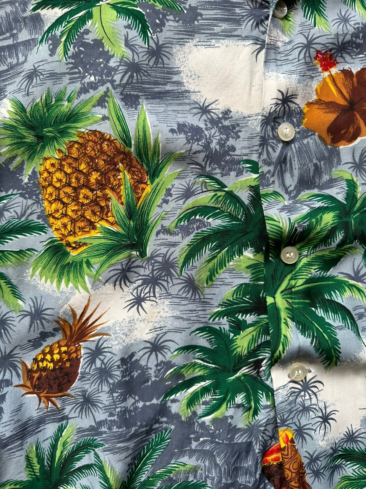 Front detail shot of Vintage Made in Japan South Pacific Grey Pineapple Aloha Shirt SZ L | Seattle Vintage Rayon Hawaiian Shirt | Barn Owl Vintage Clothing Seattle