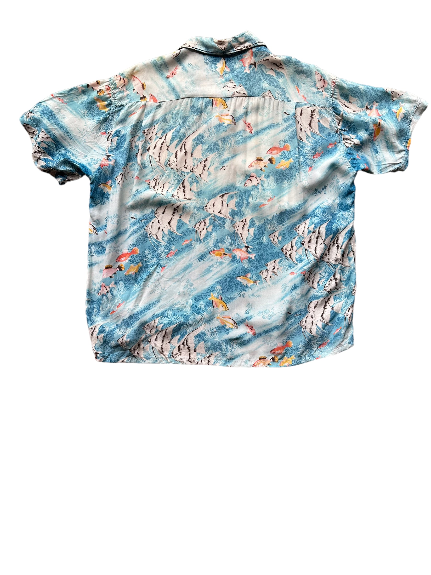 Back shot of Vintage Penny's Blue Tropical Fish Aloha Shirt SZ XL | Seattle Vintage Rayon Hawaiian Shirt | Barn Owl Vintage Clothing Seattle