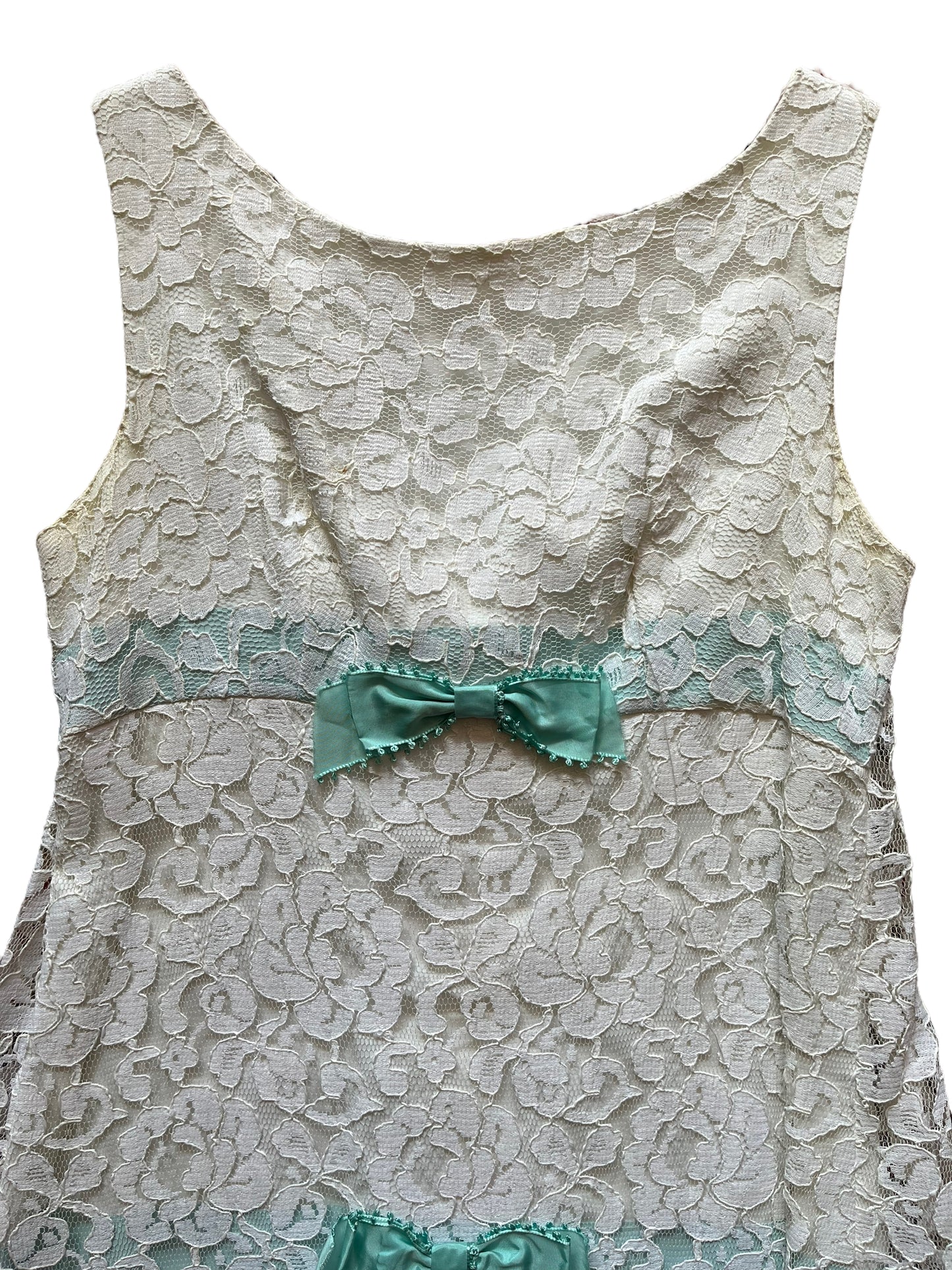 Front top view of Vintage 1960s Lace Dress with Blue Bows