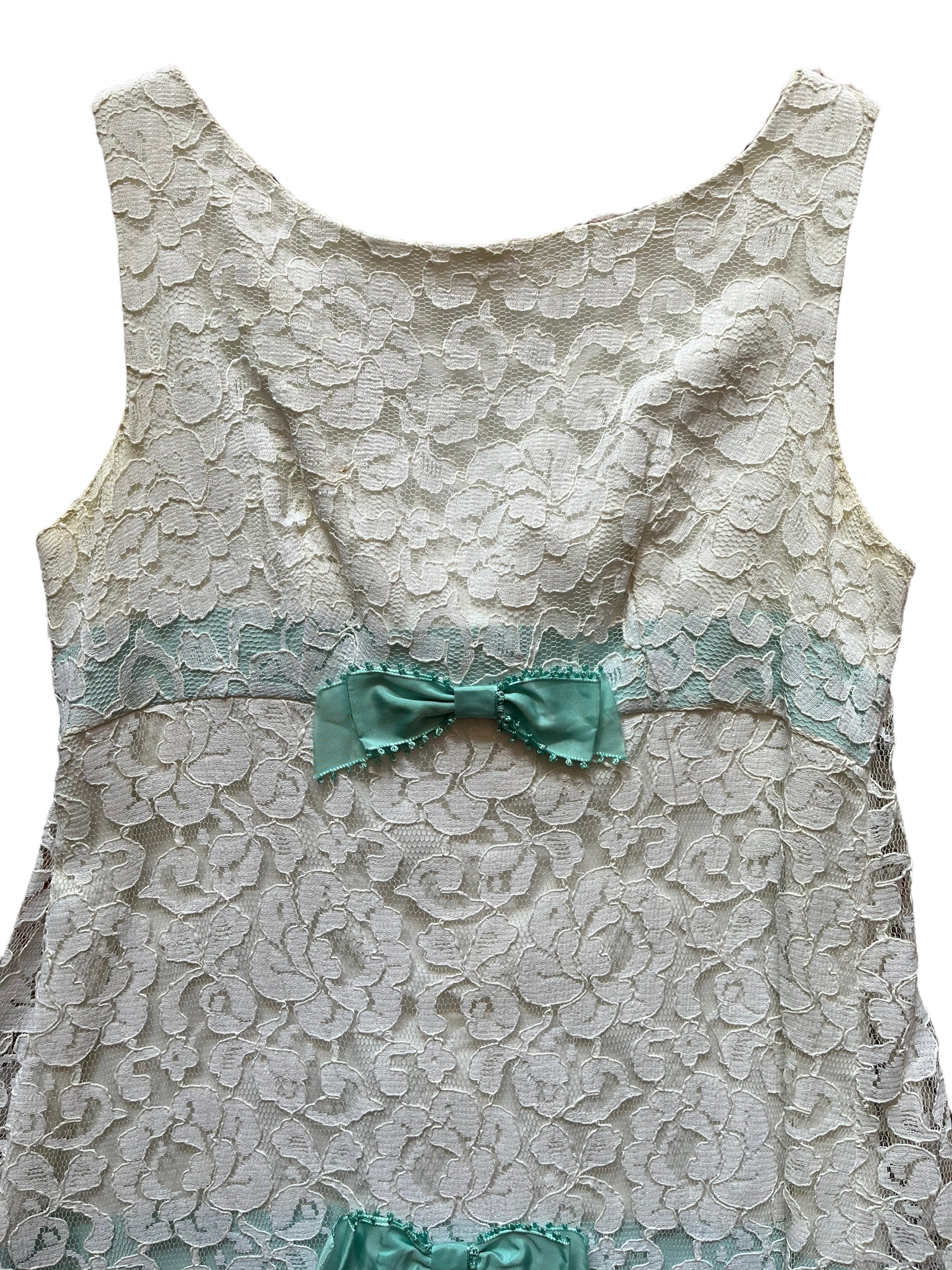 Front top view of Vintage 1960s Lace Dress with Blue Bows