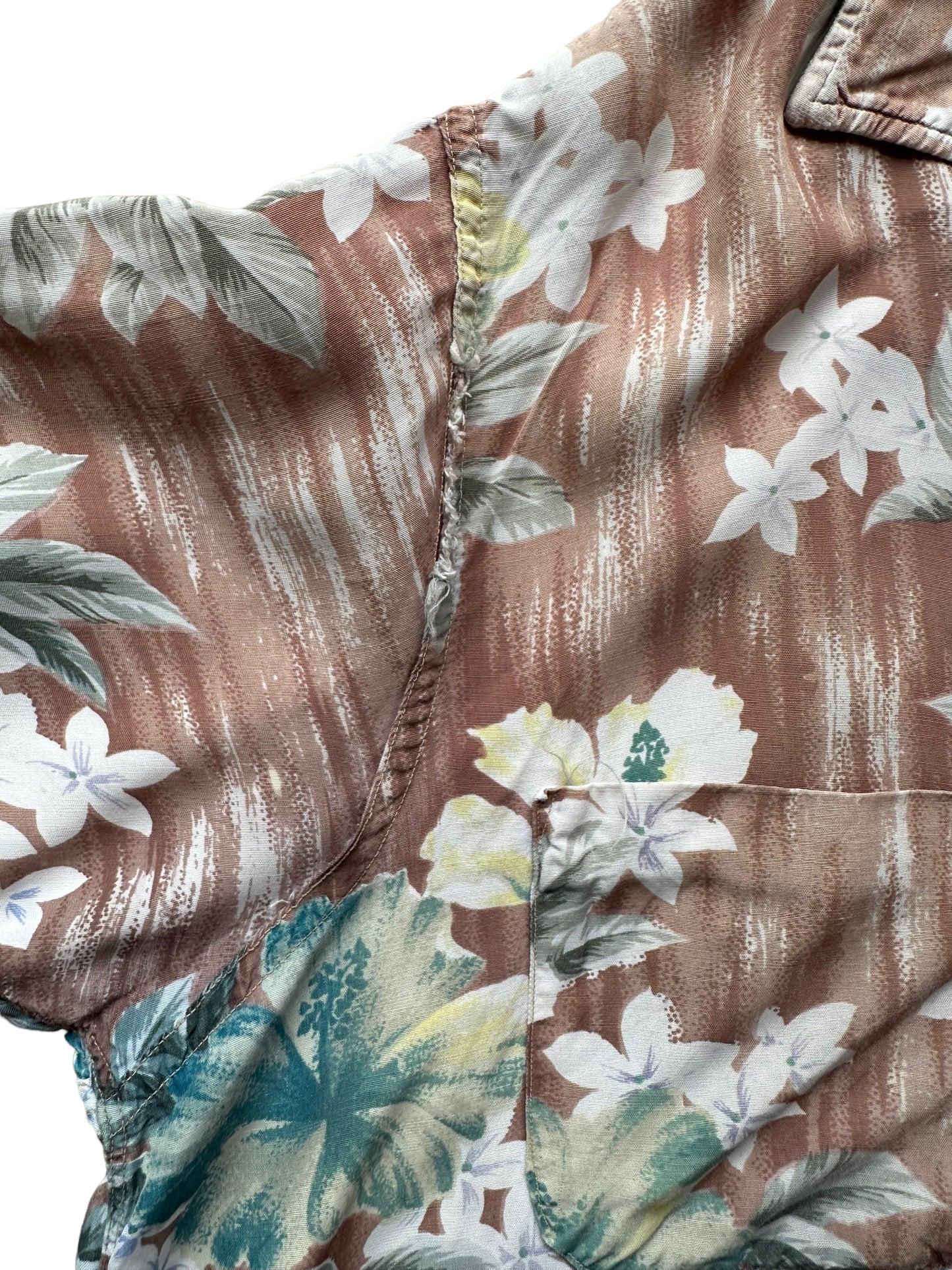 Right sleeve shot of Vintage Made in Japan Penney's Brown/Green Floral Aloha Shirt SZ M | Seattle Vintage Rayon Hawaiian Shirt | Barn Owl Vintage Clothing Seattle