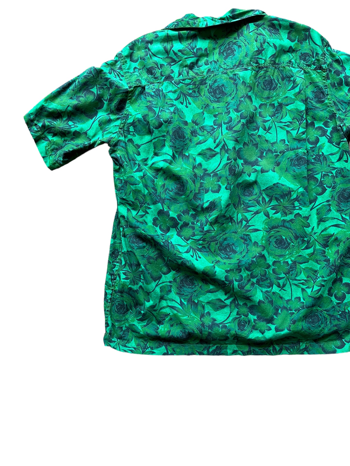 Back left shot of Vintage Green Aloha Shirt SZ XL | Seattle Vintage Rayon Hawaiian Shirt | Barn Owl Vintage Clothing Seattle