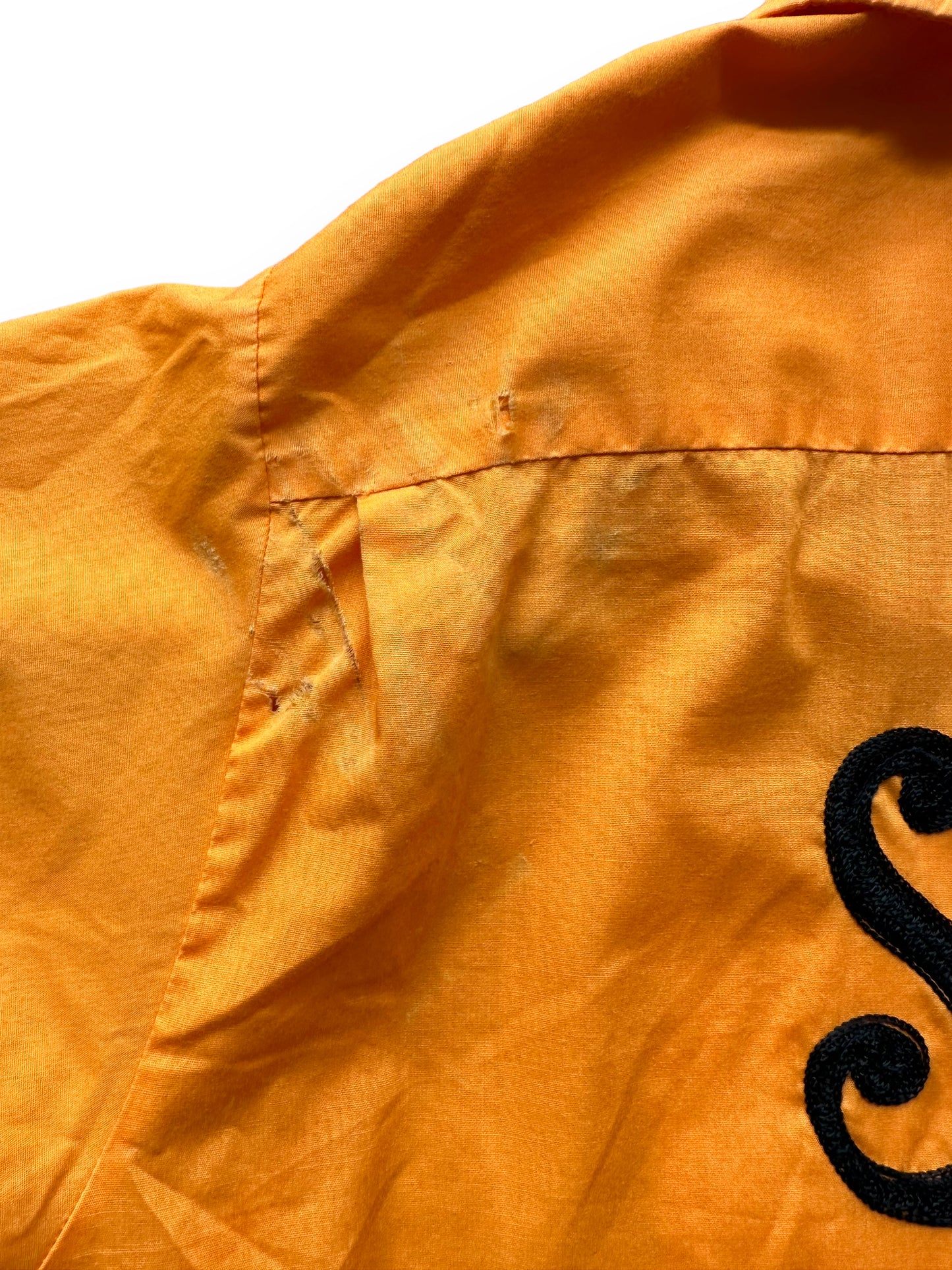 Back left distressing on Vintage "Starlite Pro Shop" Chainstitched Bowling Shirt SZ XL | Vintage Bowling Shirt Seattle | Barn Owl Vintage Seattle
