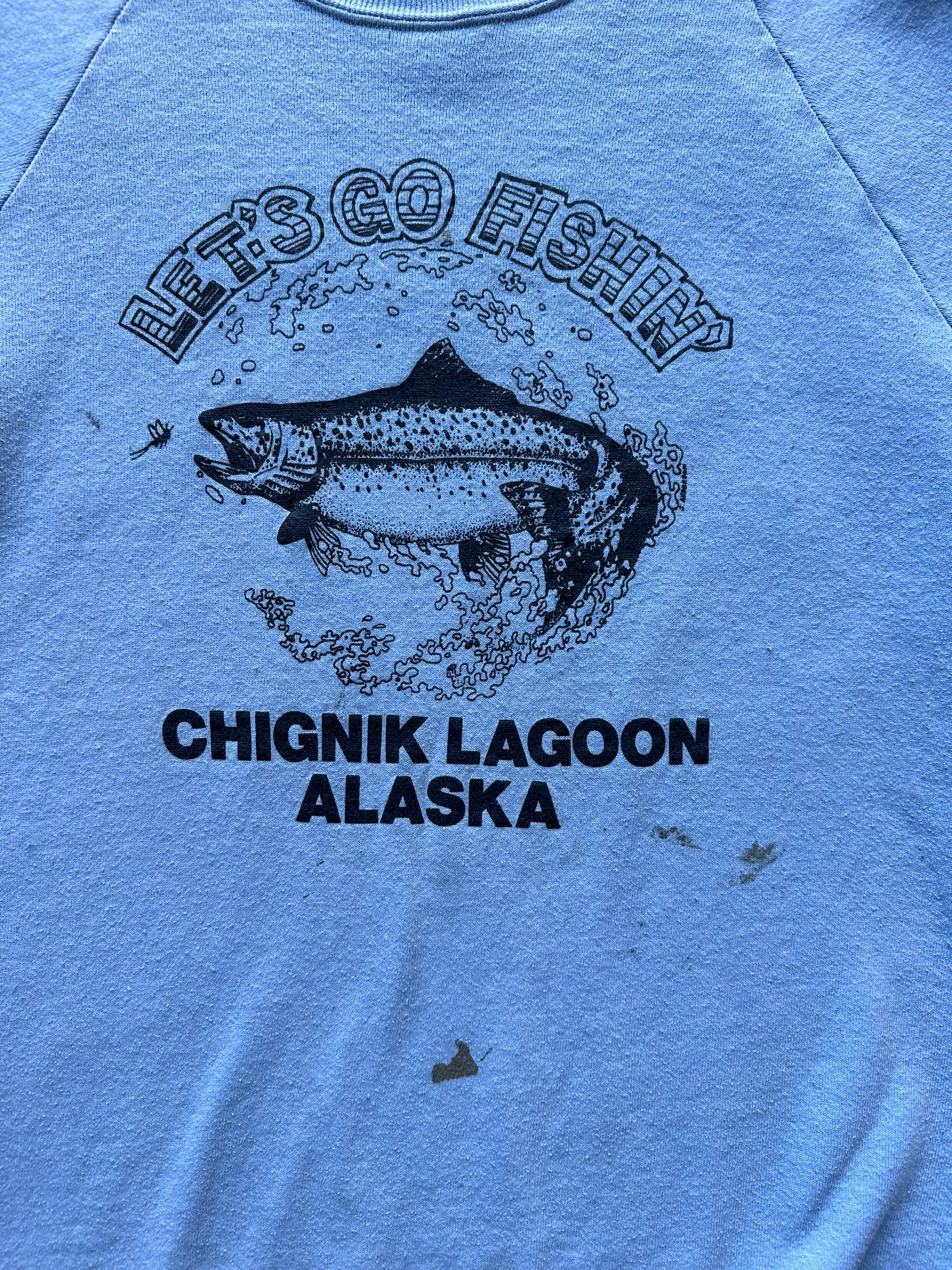 Front graphic of Vintage "Let's Go Fishing" Chignik Lagoon Alaska Crewneck SZ XL |  Vintage Fishing Sweatshirt Seattle | Barn Owl Vintage