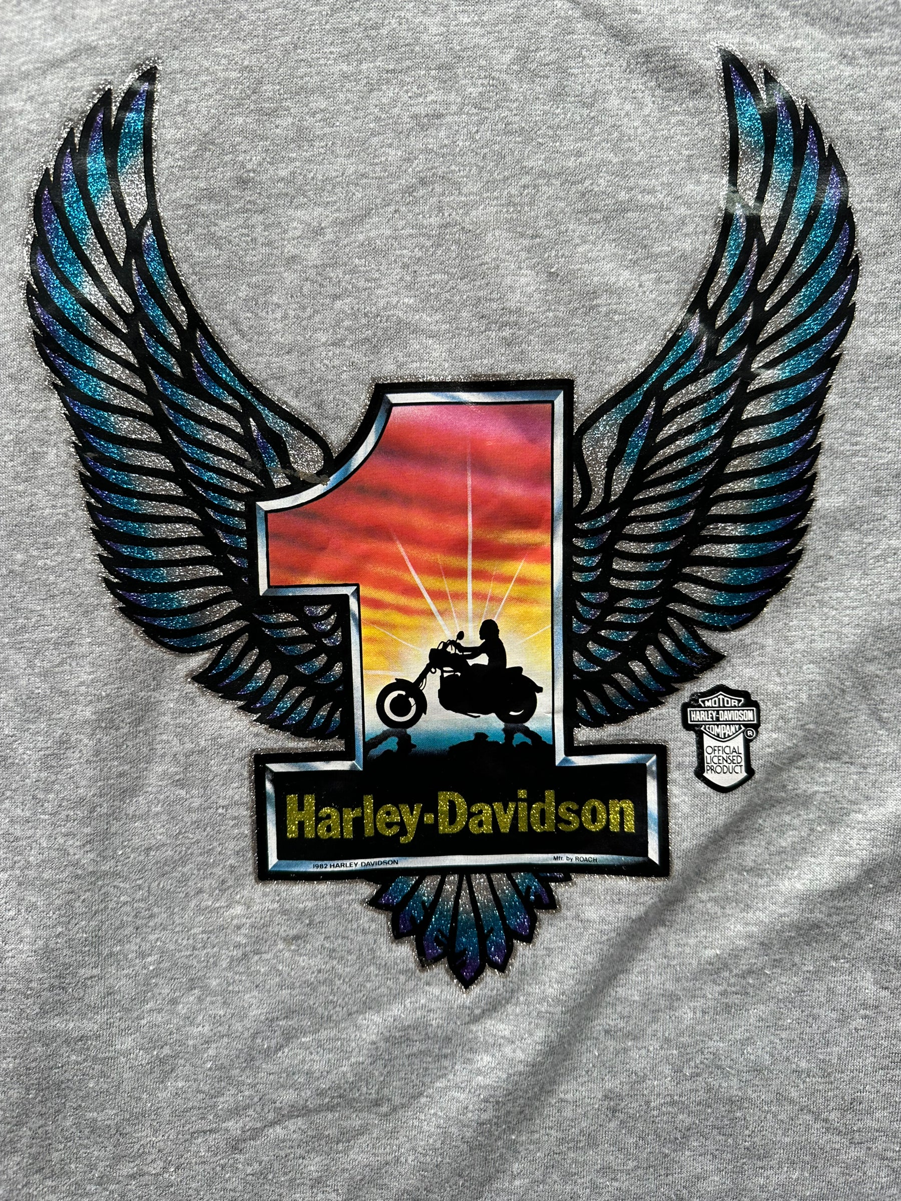 Graphic close up of Vintage Harley Davidson Glitter Iron-on Ringer Tee SZ S | Vintage Harley Tee | Barn Owl Vintage Seattle