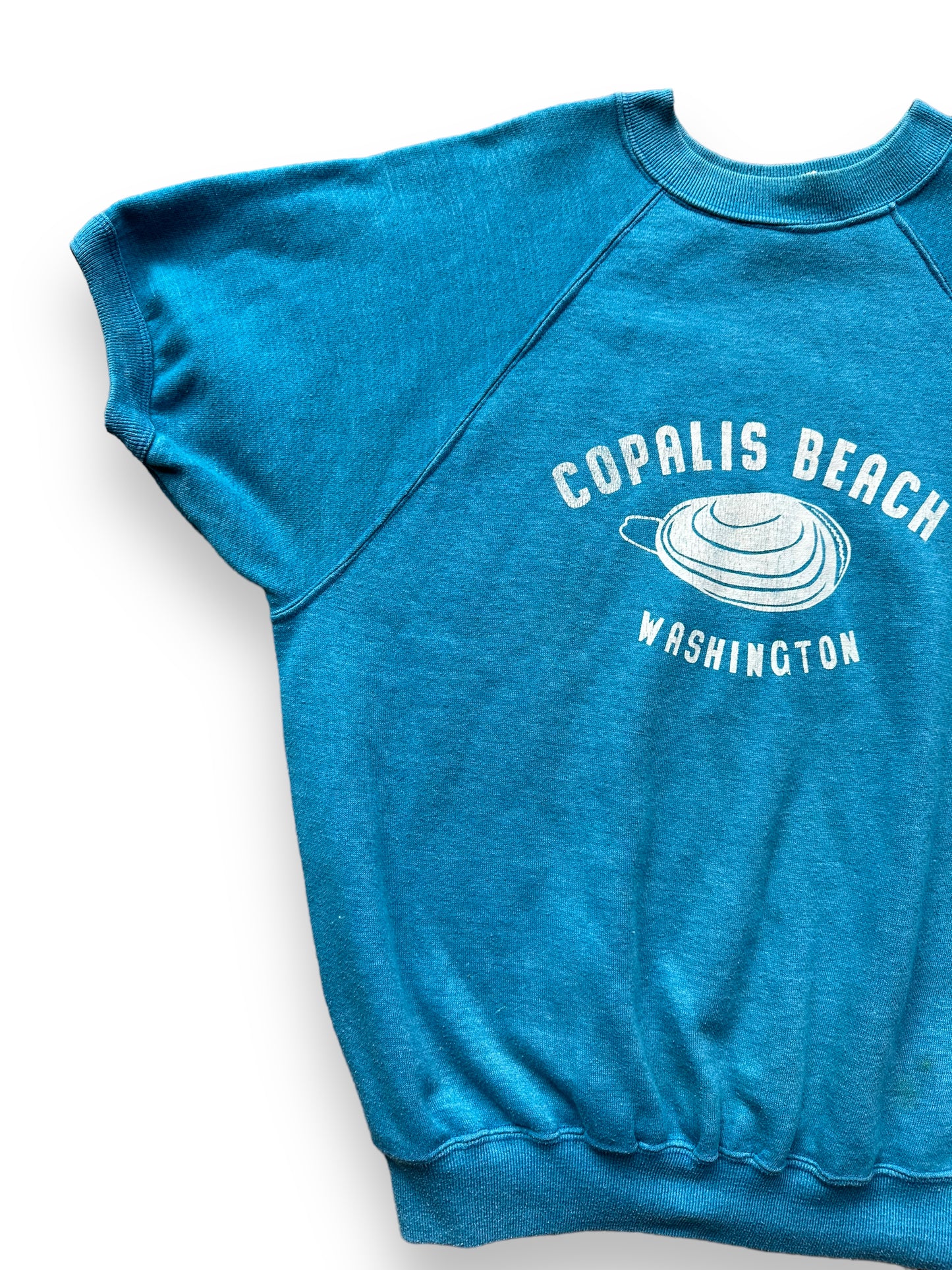 Front Right Side View of Vintage Copalis Beach Clam Short Sleeve Crewneck Sweatshirt SZ L | Barn Owl Vintage | Seattle True Vintage Sweatshirts