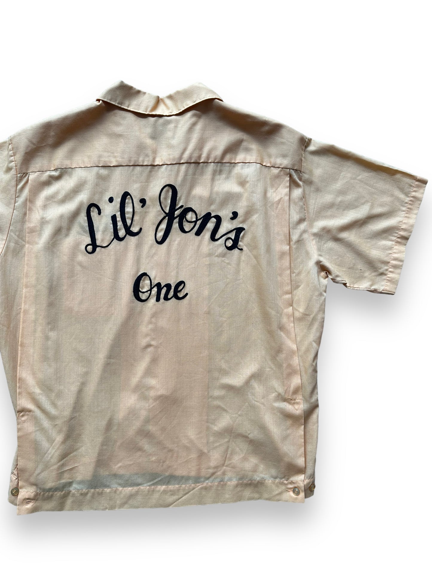 Back right of Vintage "Lil' Jon's One" Chainstitched Bowling Shirt SZ L | Vintage Bowling Shirt Seattle | Barn Owl Vintage Seattle