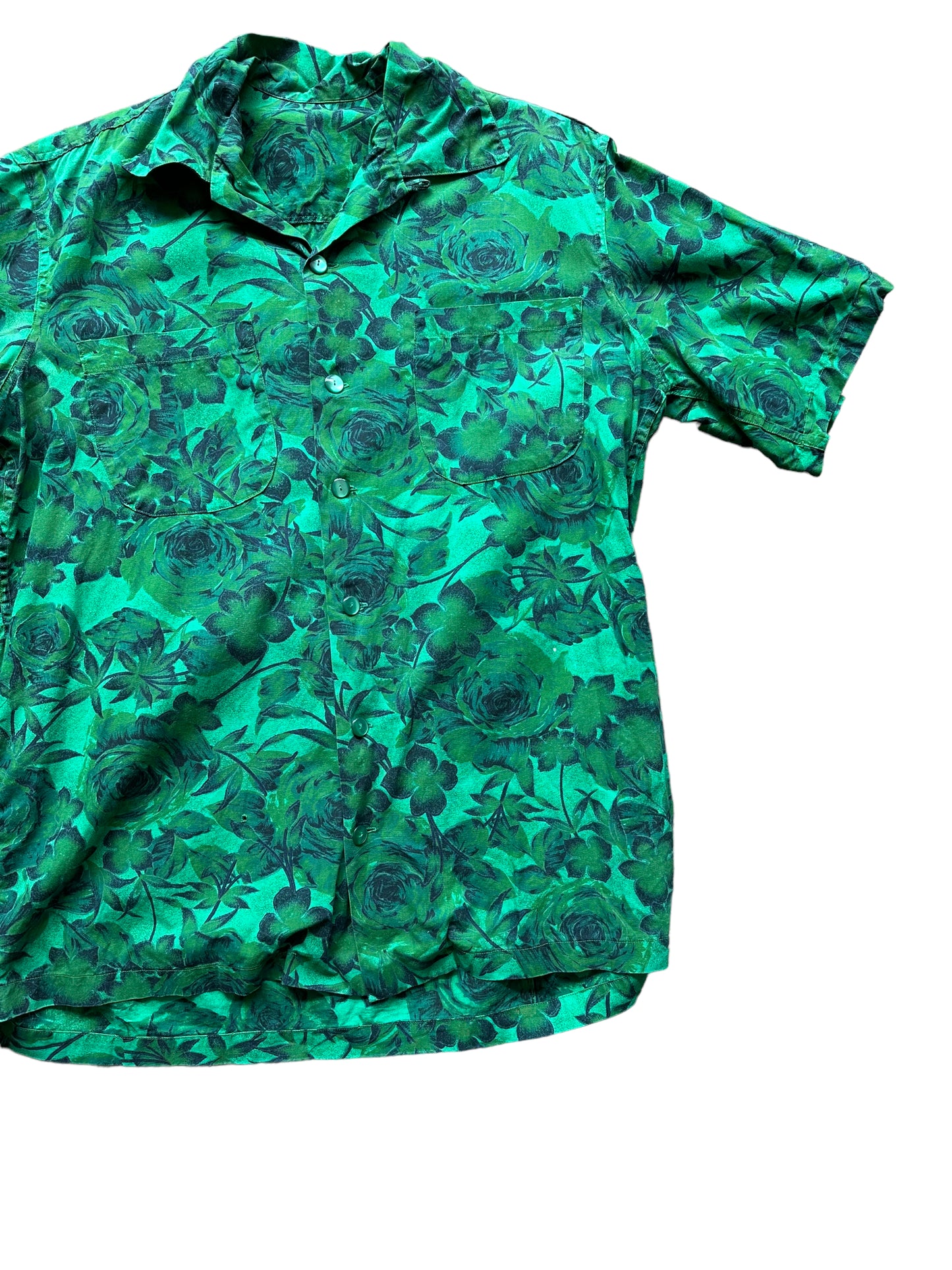 Front left shot of Vintage Green Aloha Shirt SZ XL | Seattle Vintage Rayon Hawaiian Shirt | Barn Owl Vintage Clothing Seattle