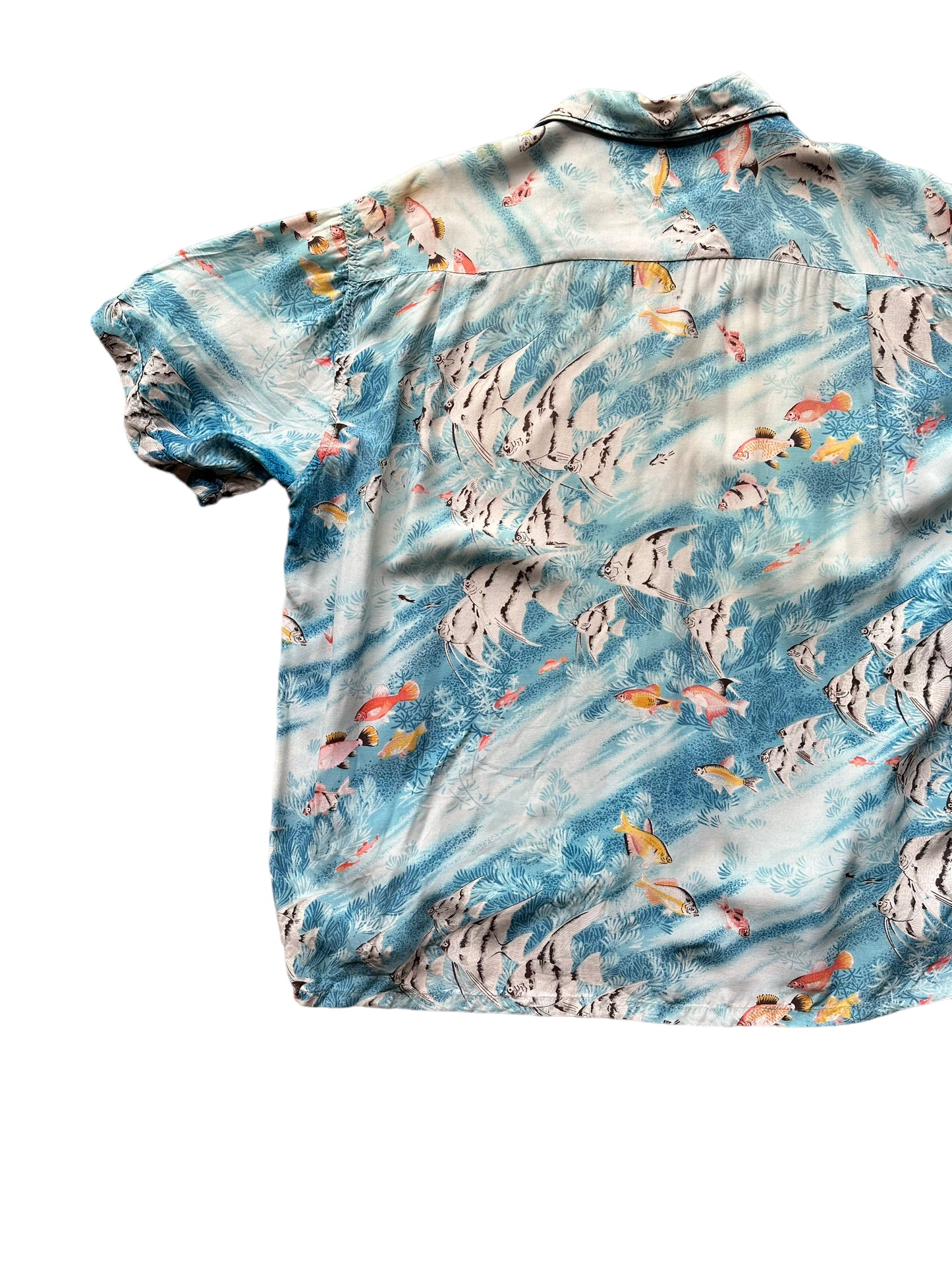 Back left shot of Vintage Penny's Blue Tropical Fish Aloha Shirt SZ XL | Seattle Vintage Rayon Hawaiian Shirt | Barn Owl Vintage Clothing Seattle