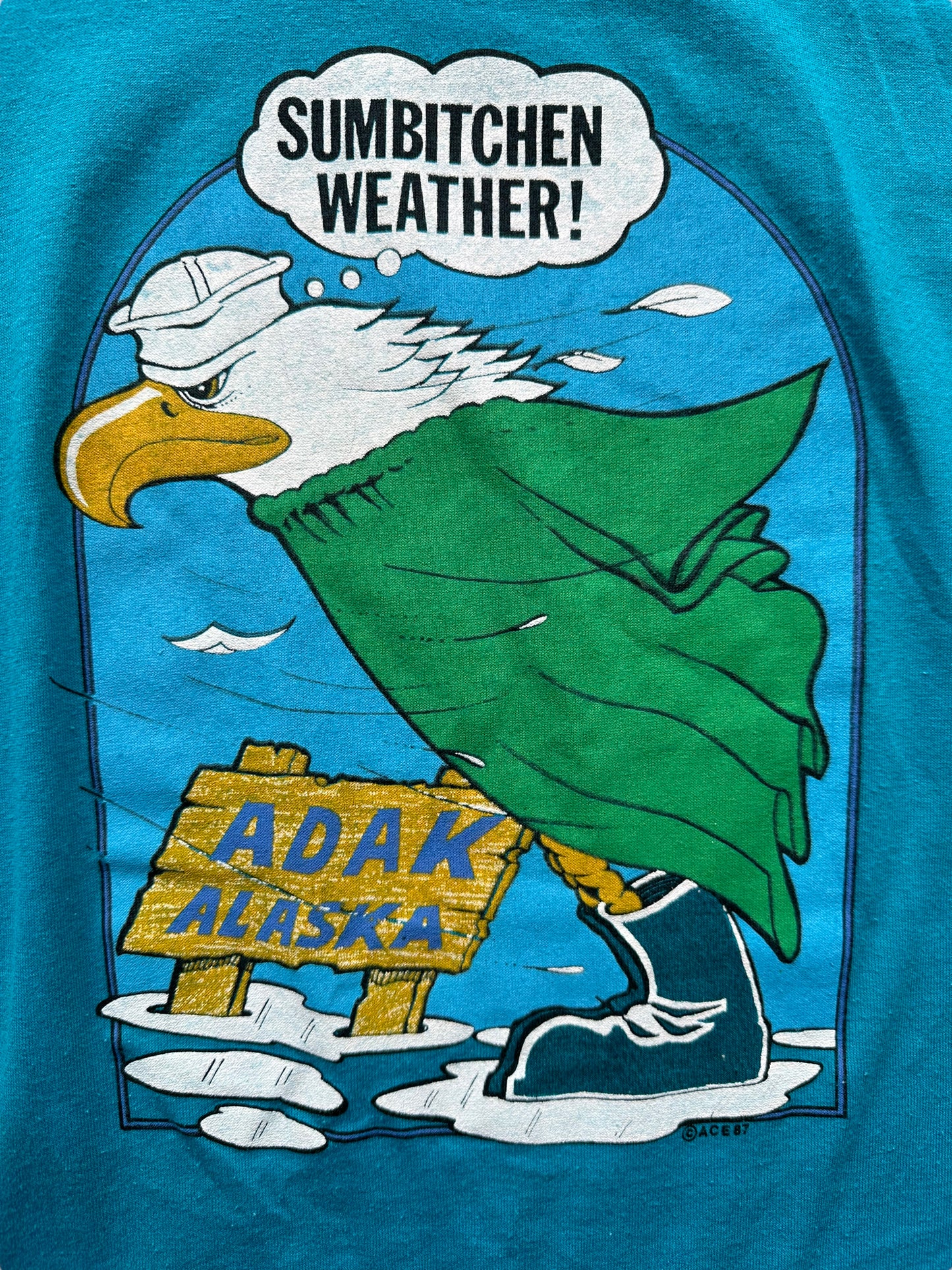 Graphic on Front of Vintage Sumbitchen Weather Adak Alaska Tee SZ L | Vintage Single Stitch Alaska T-Shirts Seattle | Barn Owl Vintage Tees Seattle