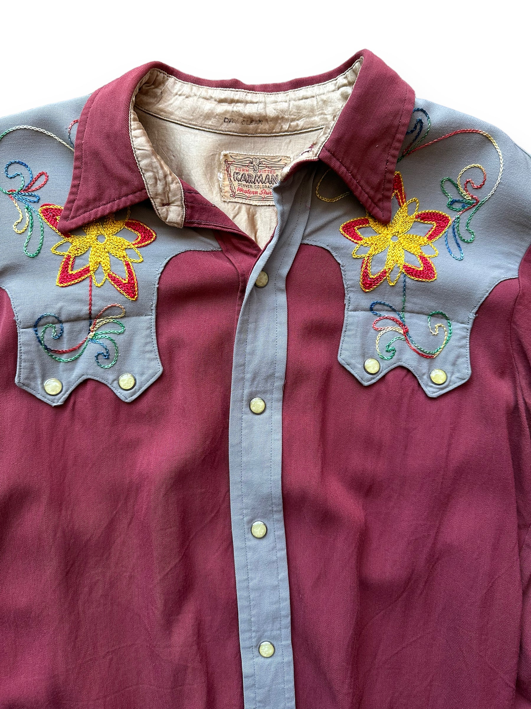 Collar shot of Vintage Karman Chainstitched Pearl Snap Western Shirt SZ M | Vintage Chainstitch Gabardine Seattle | Barn Owl Vintage Seattle