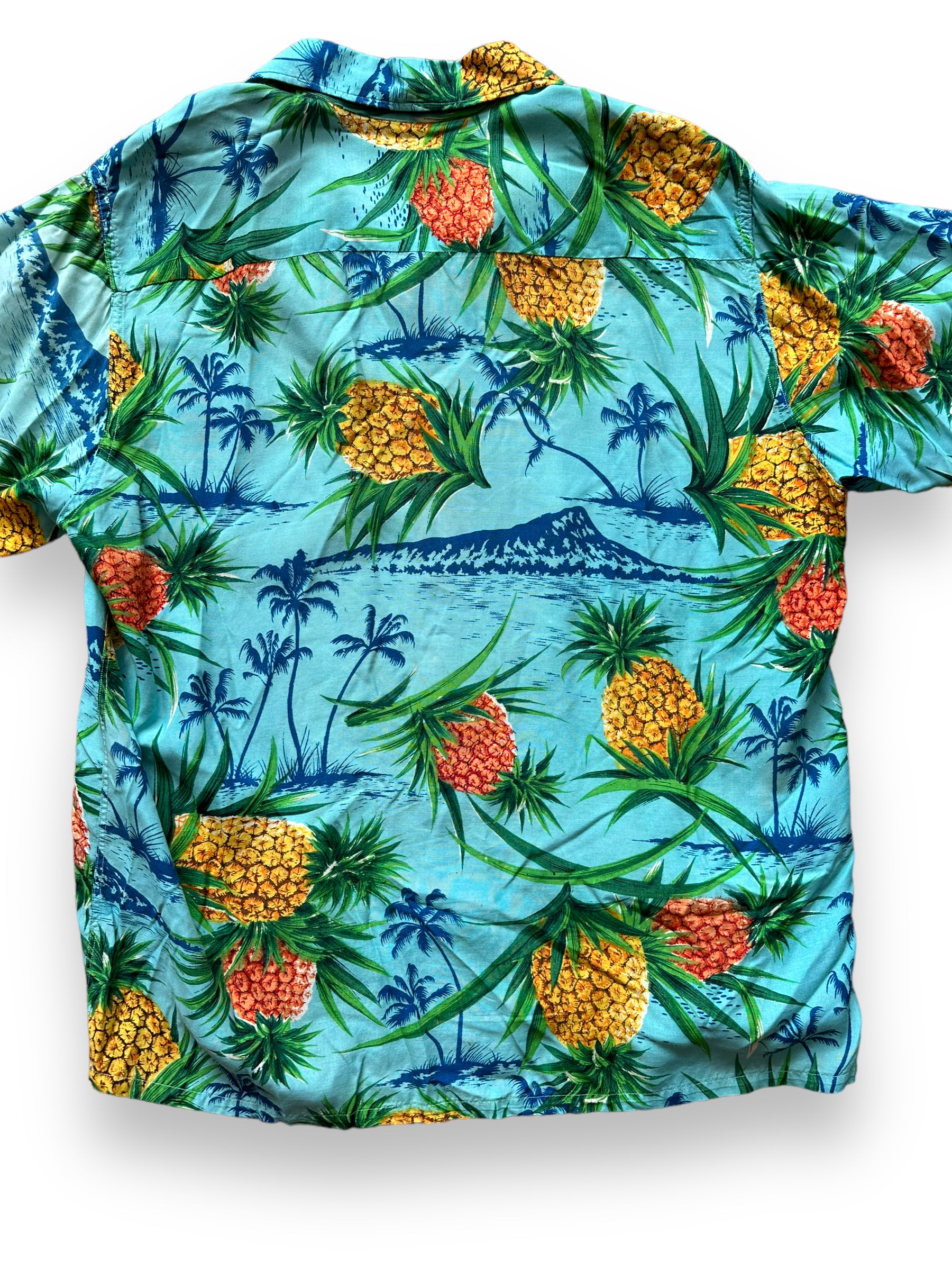 Rear Detail on Vintage South Pacific Blue Pineapple Aloha Shirt SZ M | Seattle Vintage Rayon Hawaiian Shirt | Barn Owl Vintage Clothing Seattle