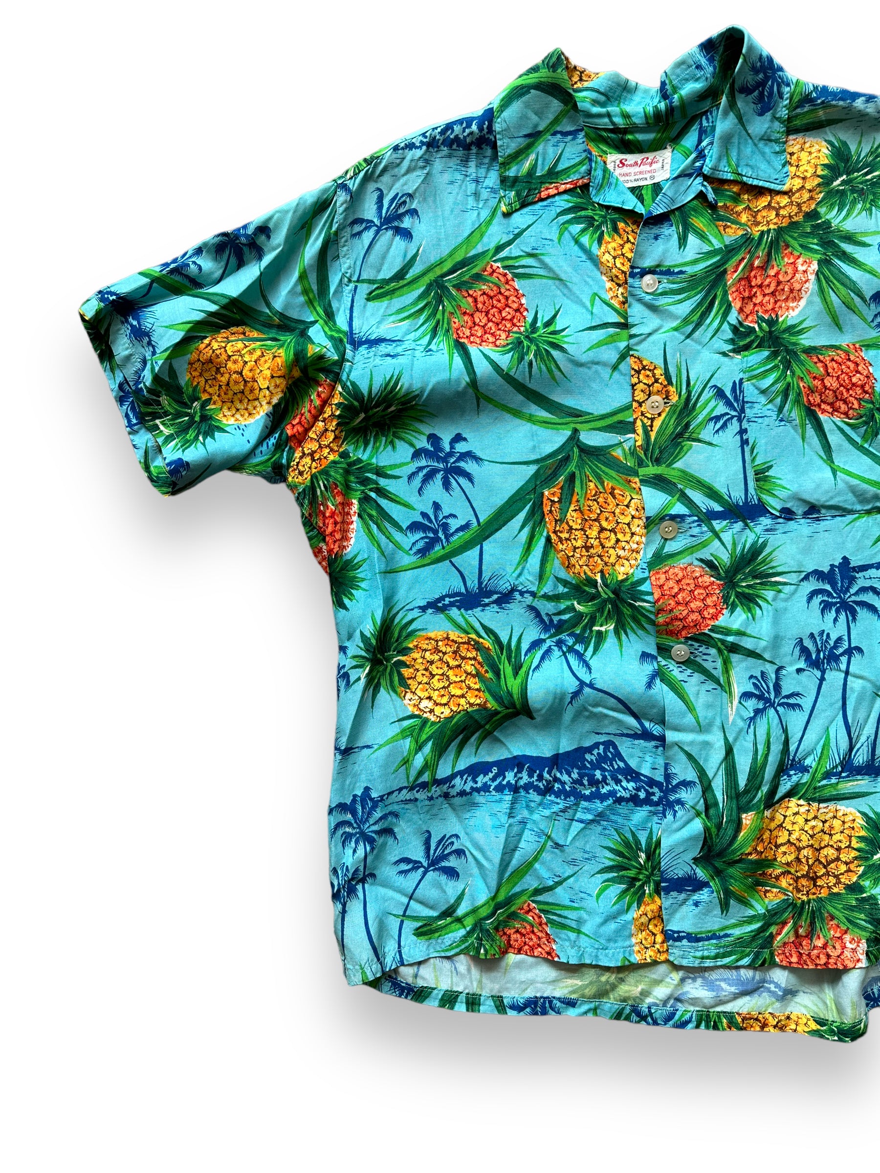Front Right View of Vintage South Pacific Blue Pineapple Aloha Shirt SZ M | Seattle Vintage Rayon Hawaiian Shirt | Barn Owl Vintage Clothing Seattle