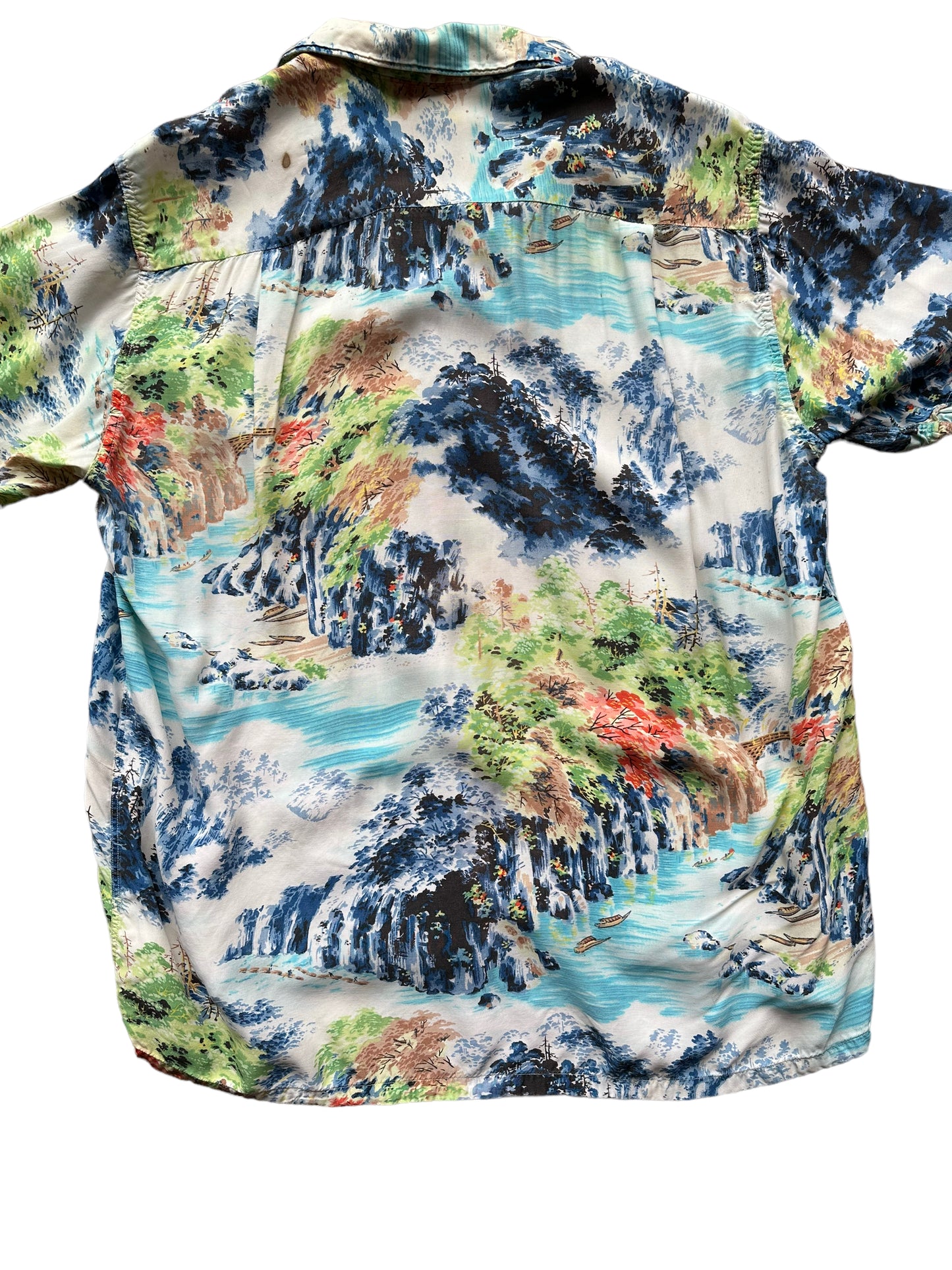 Back close up of Vintage Made in Japan Penney's Navy/Blue/Green Landscape Aloha Shirt SZ M | Seattle Vintage Rayon Hawaiian Shirt | Barn Owl Vintage Clothing Seattle