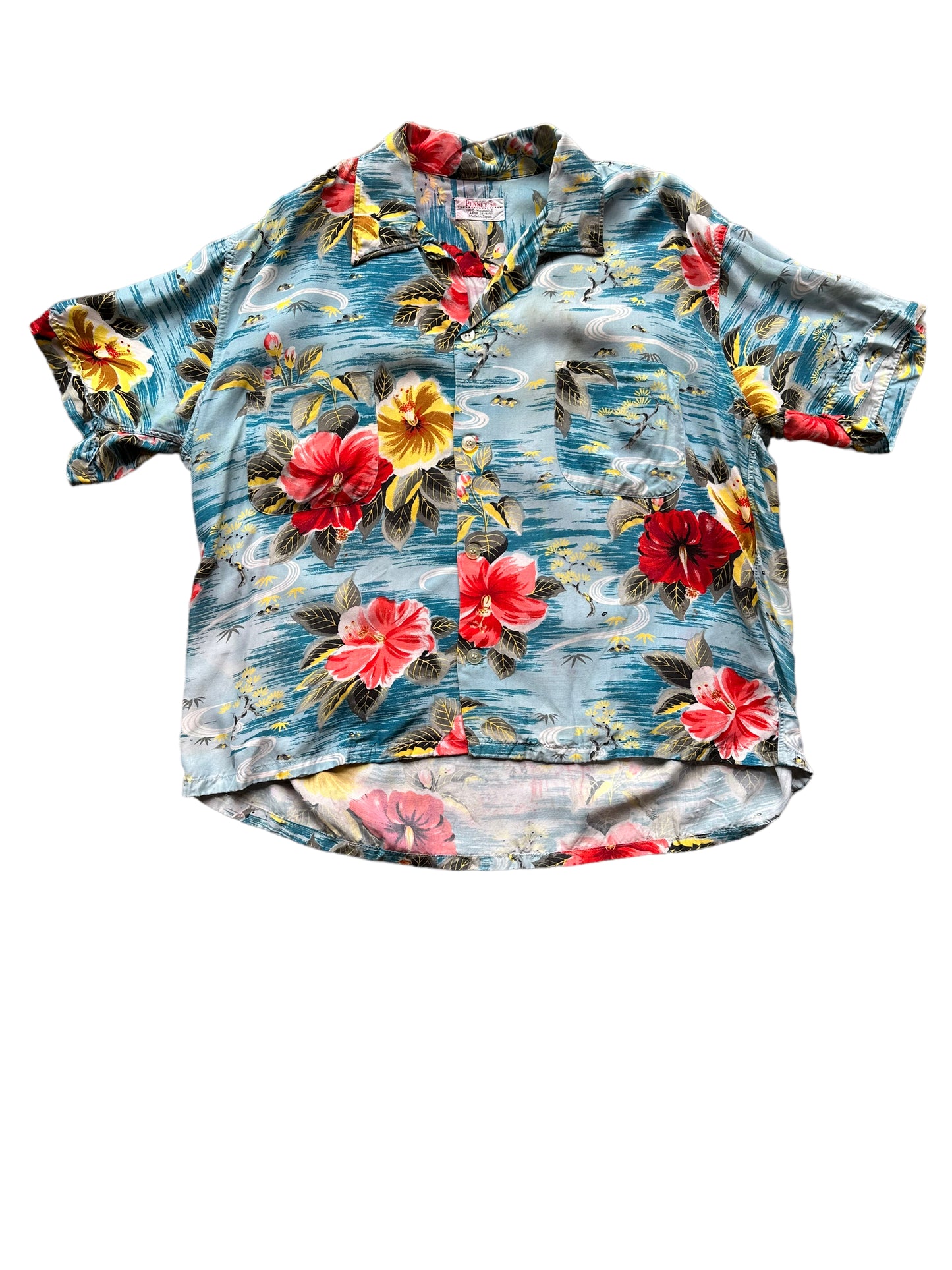Front of Vintage Made in Japan Penney's Blue/Pink/Yellow Floral Aloha Shirt SZ L | Seattle Vintage Rayon Hawaiian Shirt | Barn Owl Vintage Clothing Seattle
