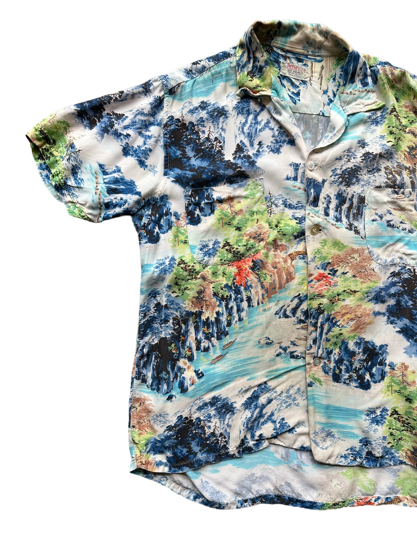 Front right shot of Vintage Made in Japan Penney's Navy/Blue/Green Landscape Aloha Shirt SZ M | Seattle Vintage Rayon Hawaiian Shirt | Barn Owl Vintage Clothing Seattle