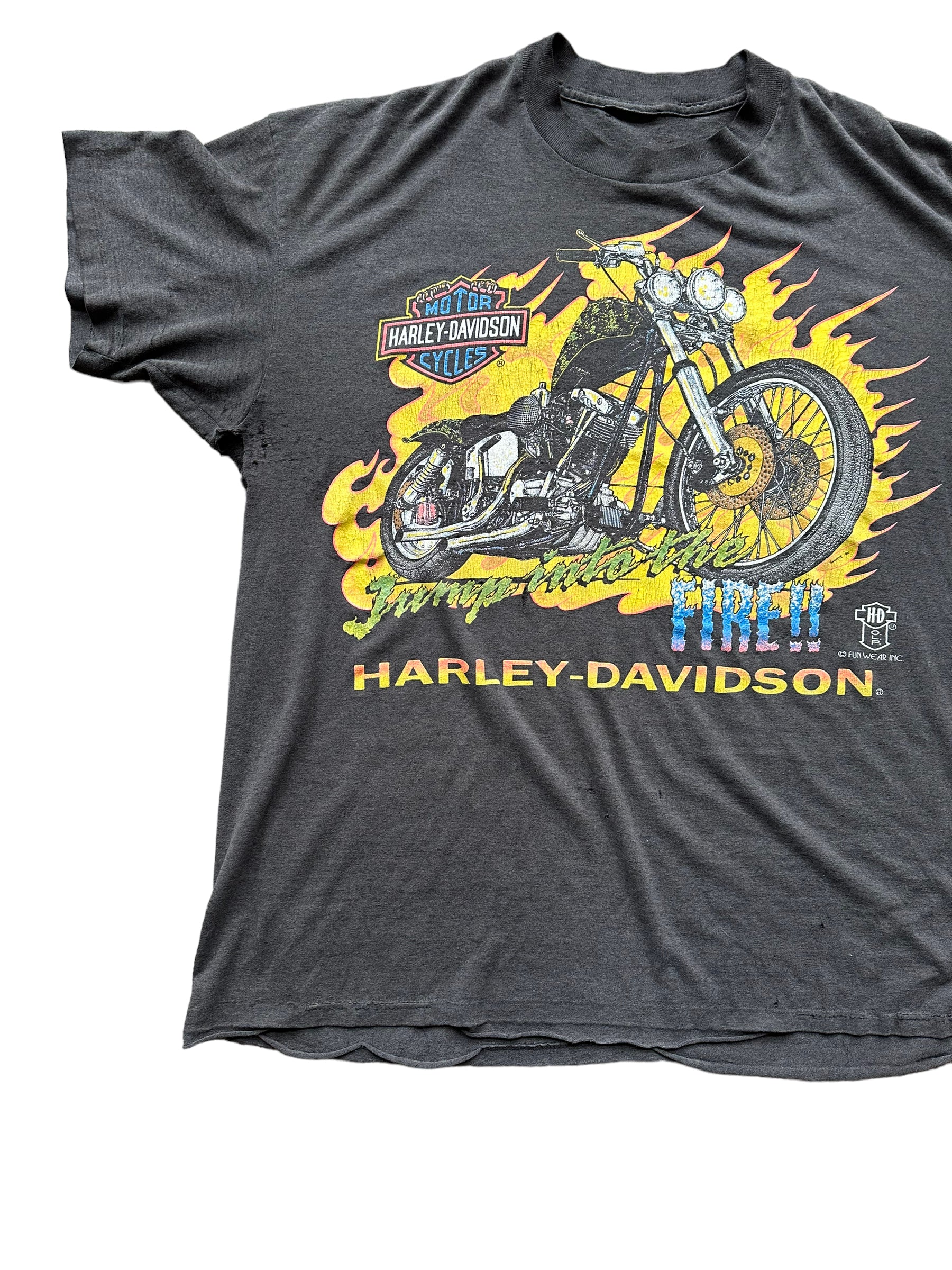 Front right of Vintage 1990s "Jump into the Fire" 3D Emblem Harley Davidson Tee SZ XXL | Vintage Harley Tee | Barn Owl Vintage Seattle