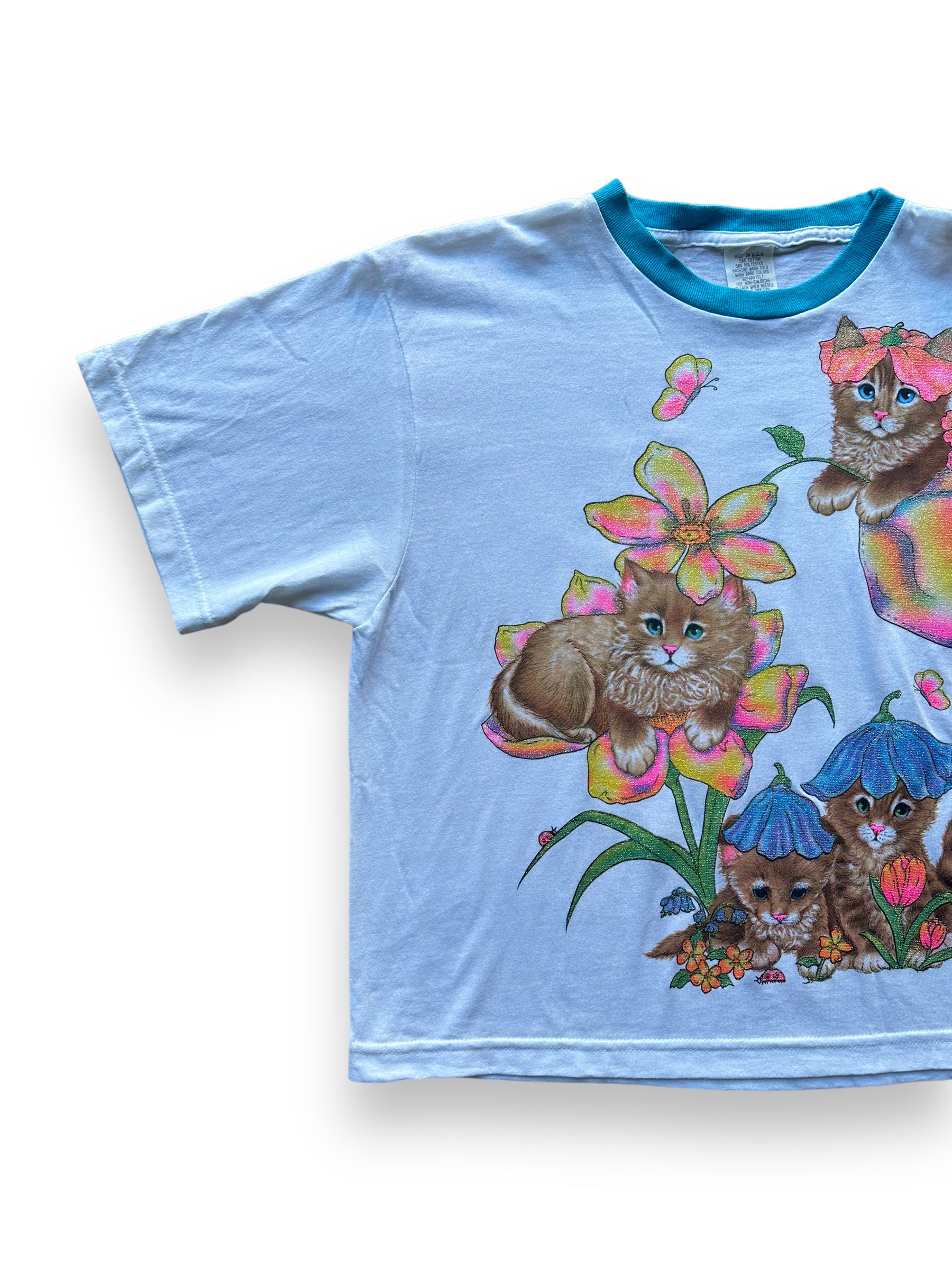 Front right of Vintage Blue Glitter Cat Ringer Tee SZ M |  Vintage Cat Tee Seattle | Barn Owl Vintage