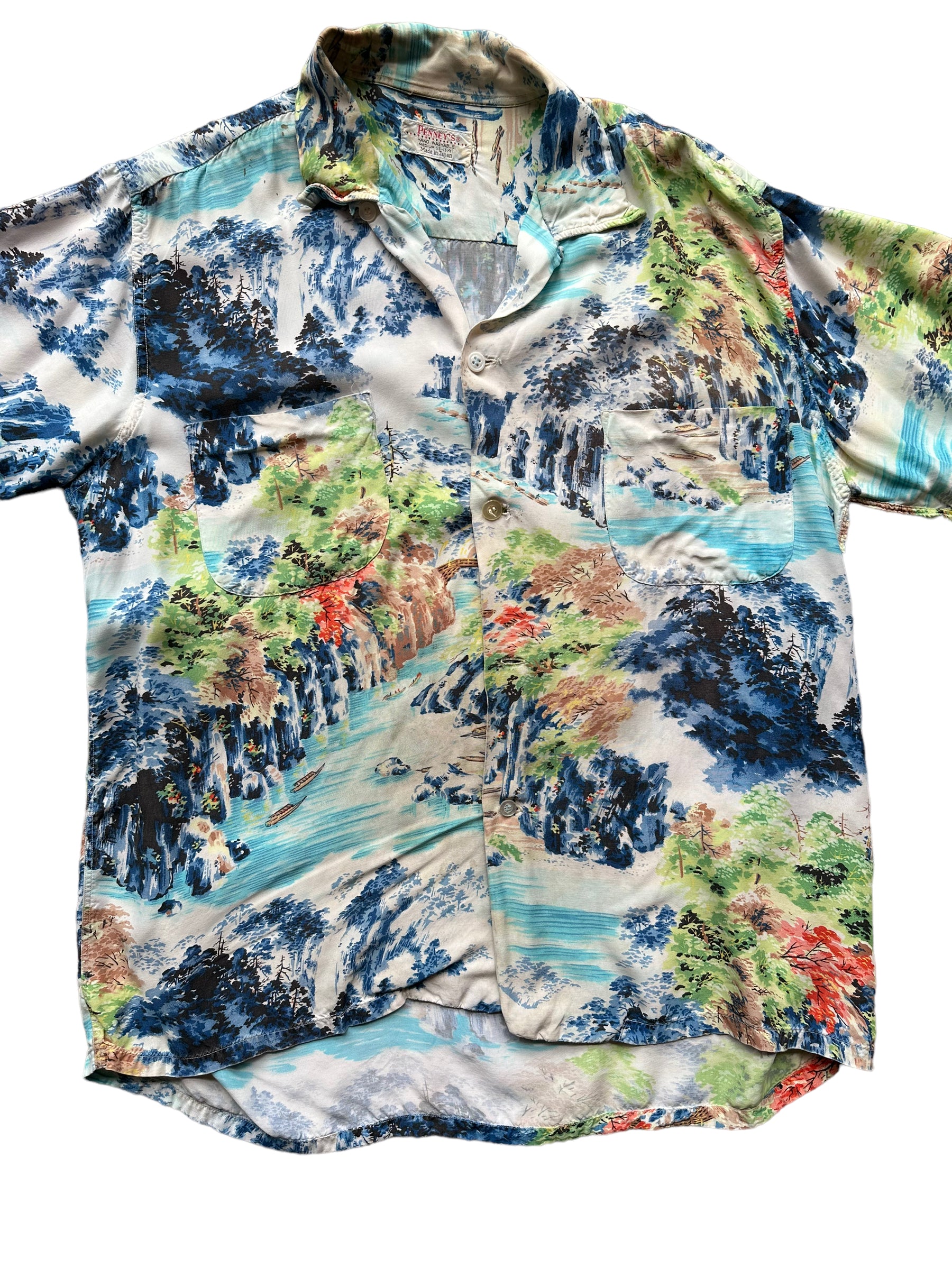 Front close up Vintage Made in Japan Penney's Navy/Blue/Green Landscape Aloha Shirt SZ M | Seattle Vintage Rayon Hawaiian Shirt | Barn Owl Vintage Clothing Seattle